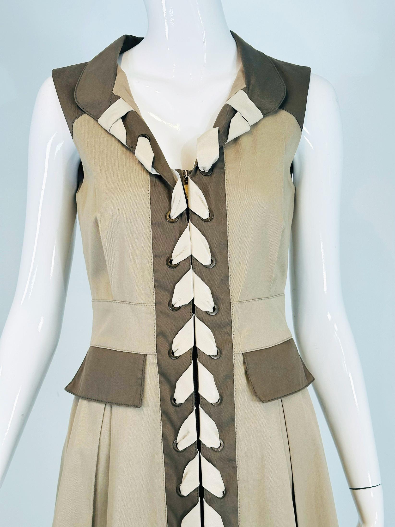 Oscar de la Renta Resort 2011 Two Tone Khaki Twill & Leather Safari Style Dress For Sale 8