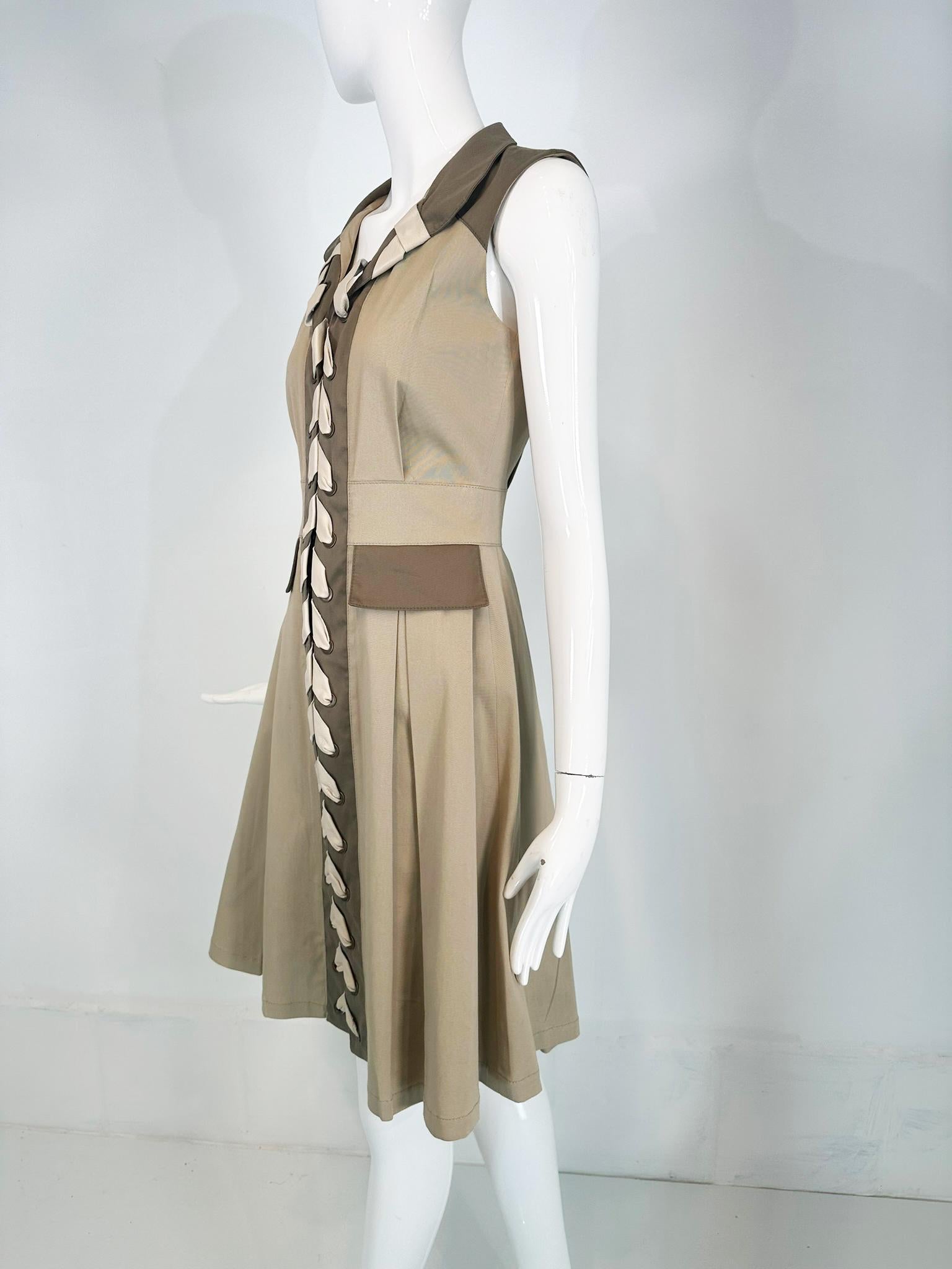 Brown Oscar de la Renta Resort 2011 Two Tone Khaki Twill & Leather Safari Style Dress For Sale