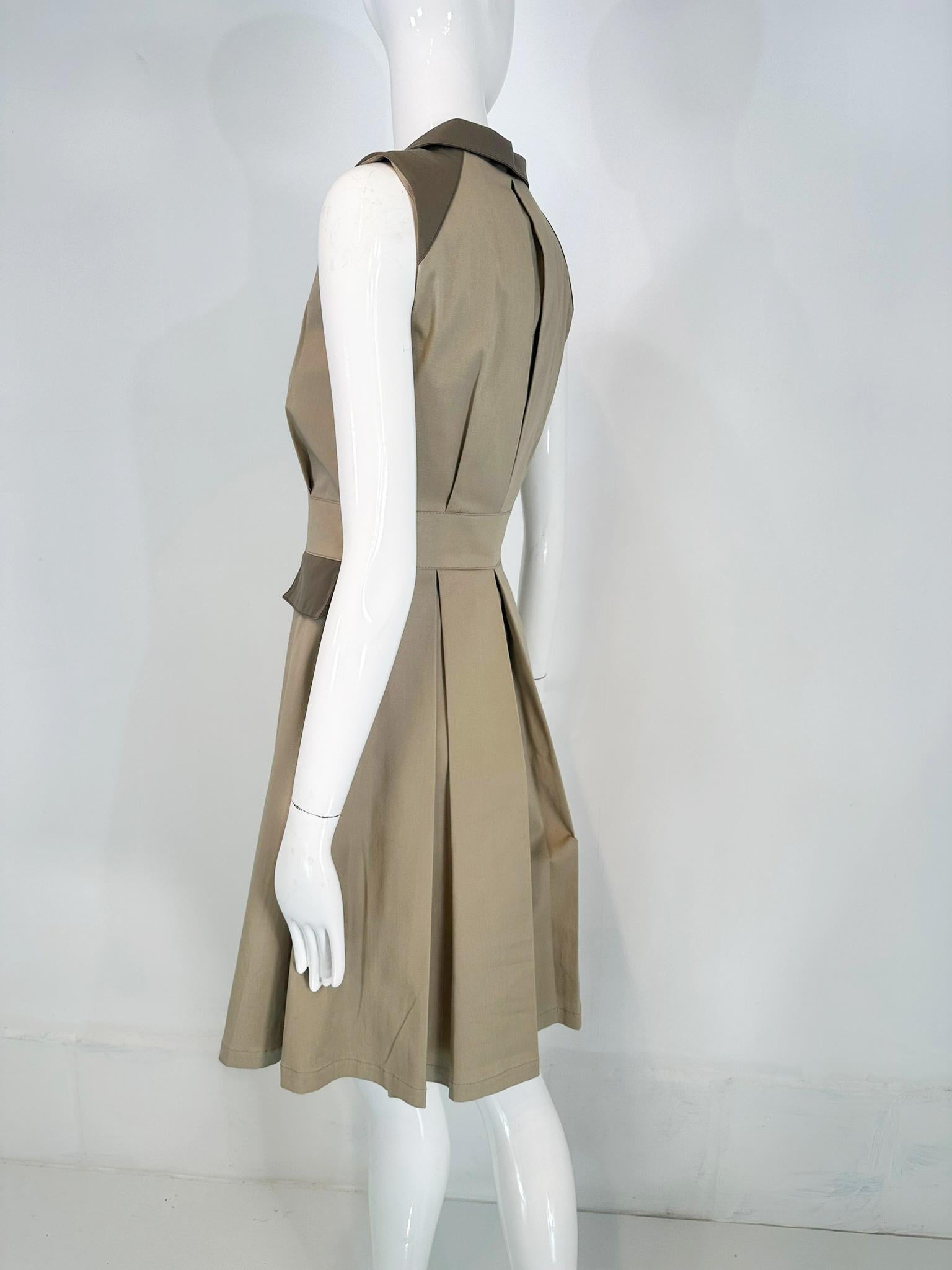 Women's Oscar de la Renta Resort 2011 Two Tone Khaki Twill & Leather Safari Style Dress For Sale