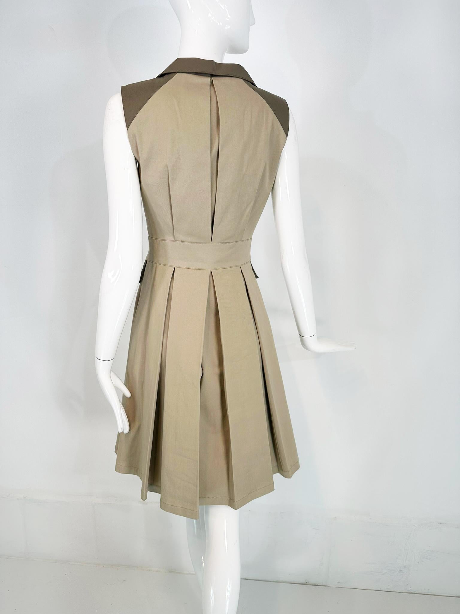 Oscar de la Renta Resort 2011 Two Tone Khaki Twill & Leather Safari Style Dress For Sale 1