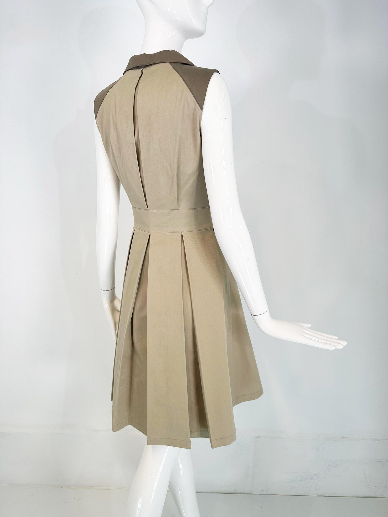 Oscar de la Renta Resort 2011 Two Tone Khaki Twill & Leather Safari Style Dress For Sale 3