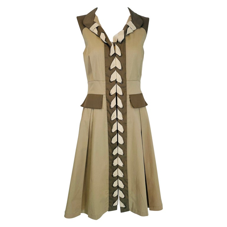 Oscar de La Renta Resort 2011 Two Tone Khaki Twill & Leather Safari Style Dress