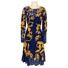 OSCAR DE LA RENTA Resort 2016 Size 4 Blue Yellow Cotton Blend Embroidered Dress
