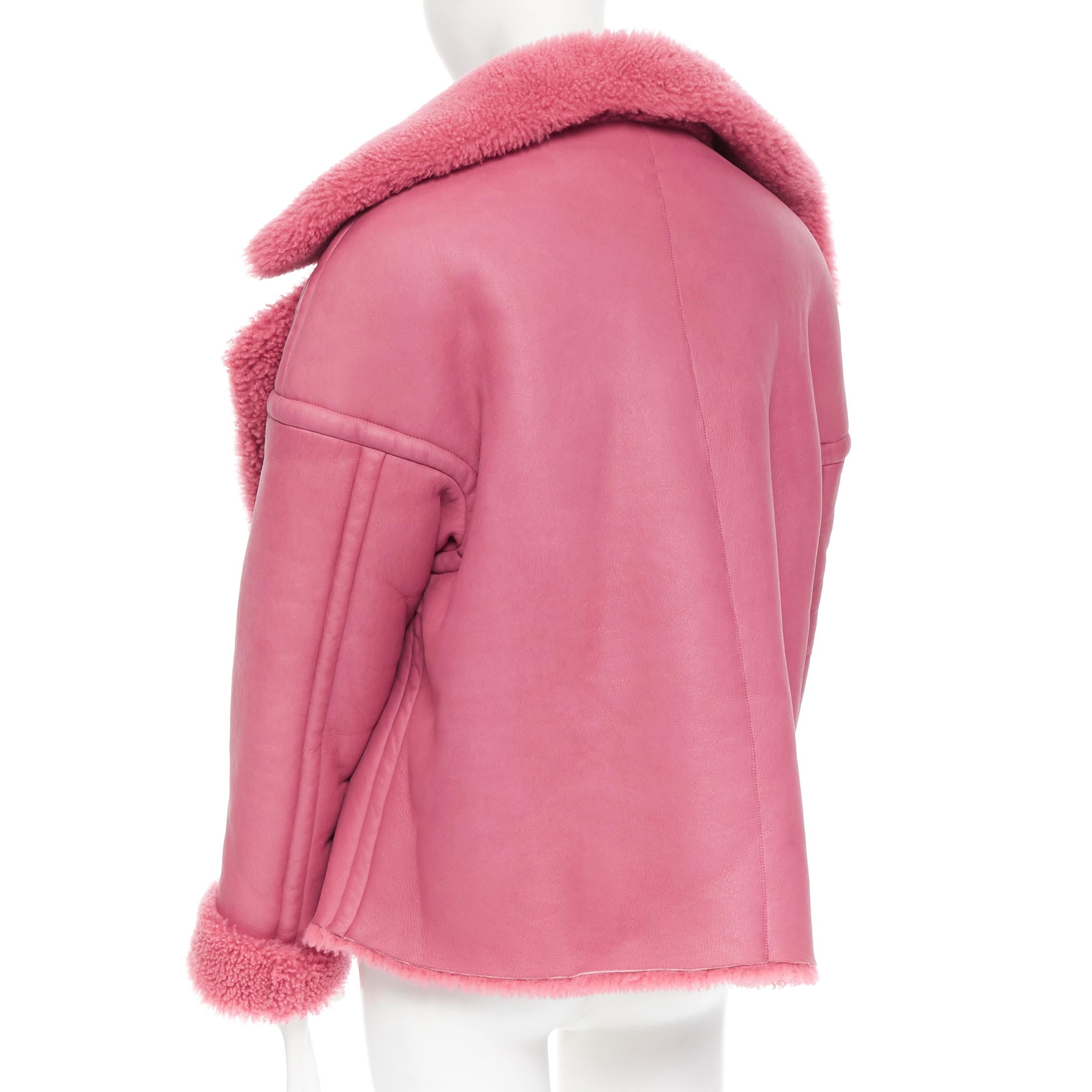 Women's OSCAR DE LA RENTA reversible pink shearling leather oversized aviator coat