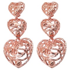 Oscar De La Renta Rose Gold Hearts Designer Clip On Statement Triple Earrings