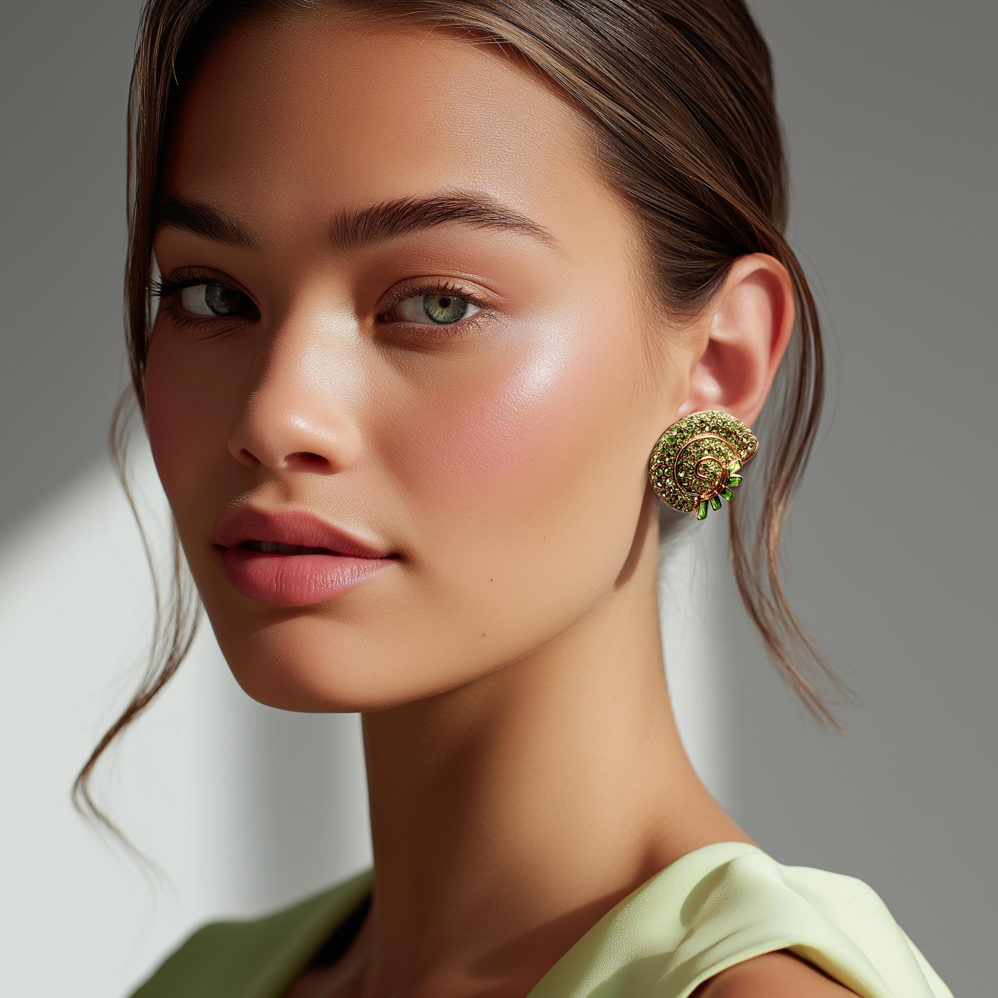 Oscar de la Renta Rose Gold Nautilus Clip-On Earrings with Peridot Crystals For Sale 9