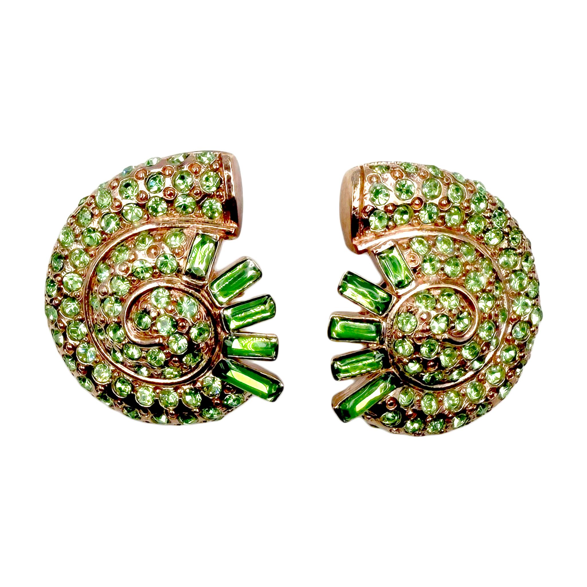 Rose Cut Oscar de la Renta Rose Gold Nautilus Clip-On Earrings with Peridot Crystals For Sale
