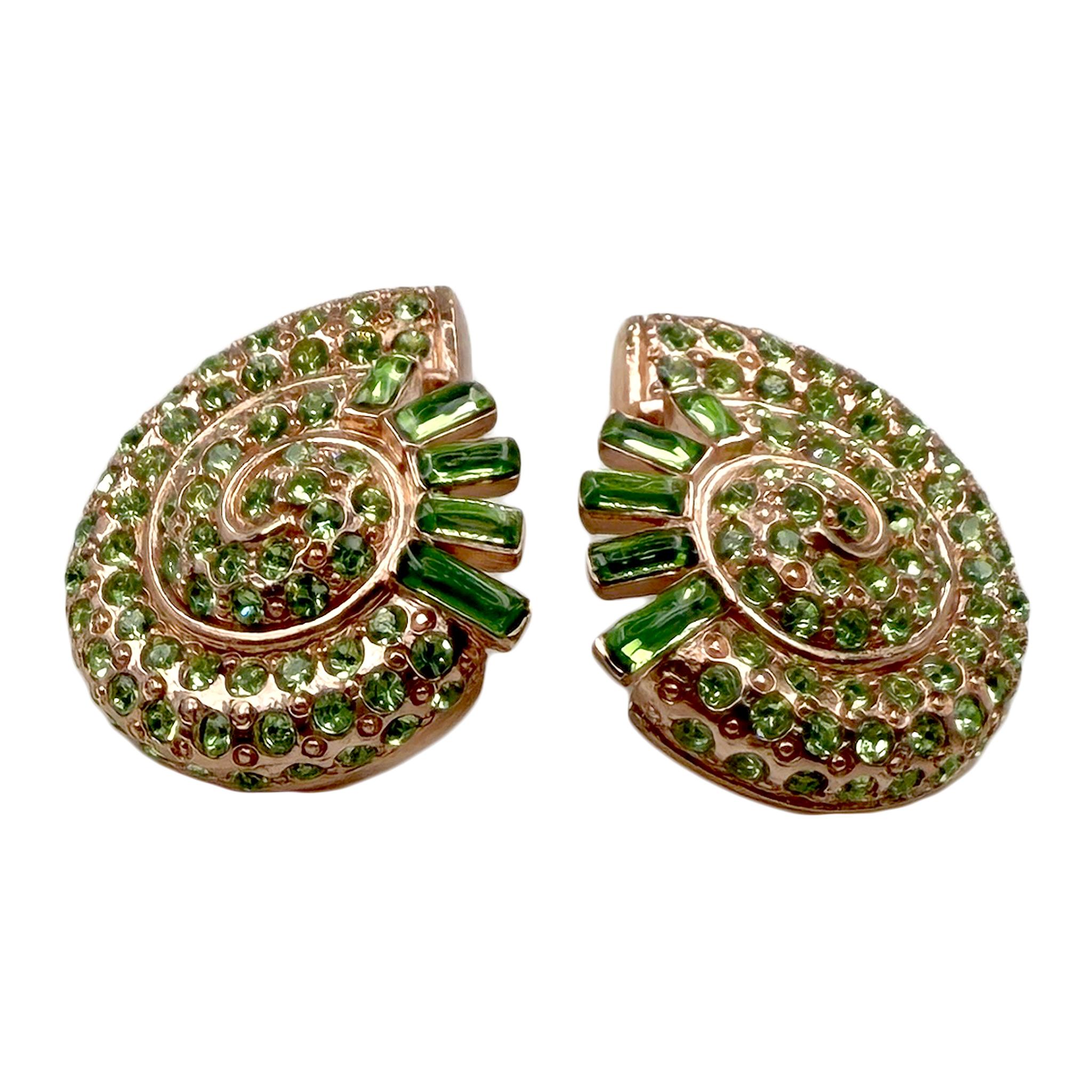 Oscar de la Renta Rose Gold Nautilus Clip-On Earrings with Peridot Crystals For Sale 1