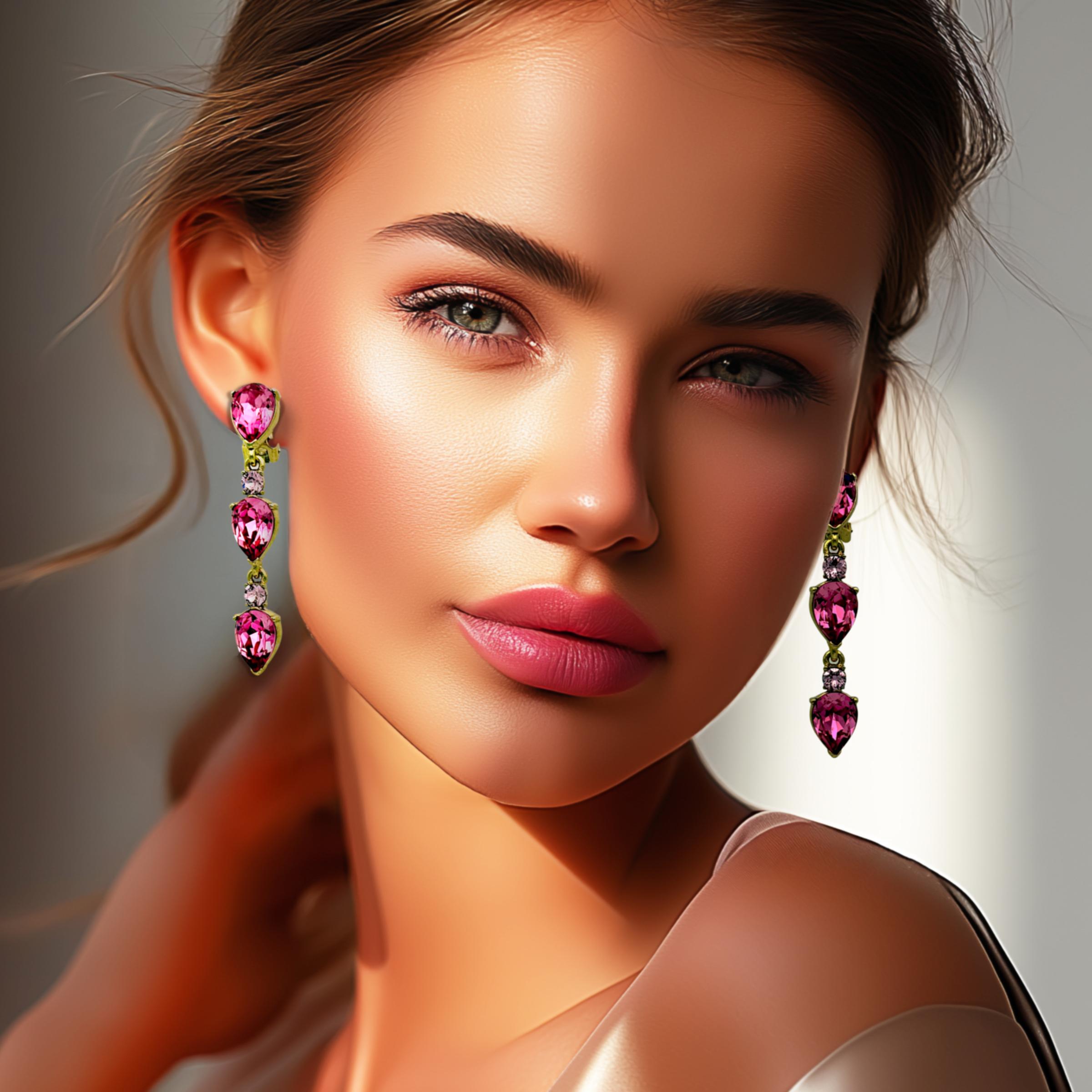 Pendientes de clip de oro en forma de pera rosa de Oscar De La Renta con cristal de Swarovski. Joyas de diseño de lujo contemporáneo. Piezas únicas de 2.5