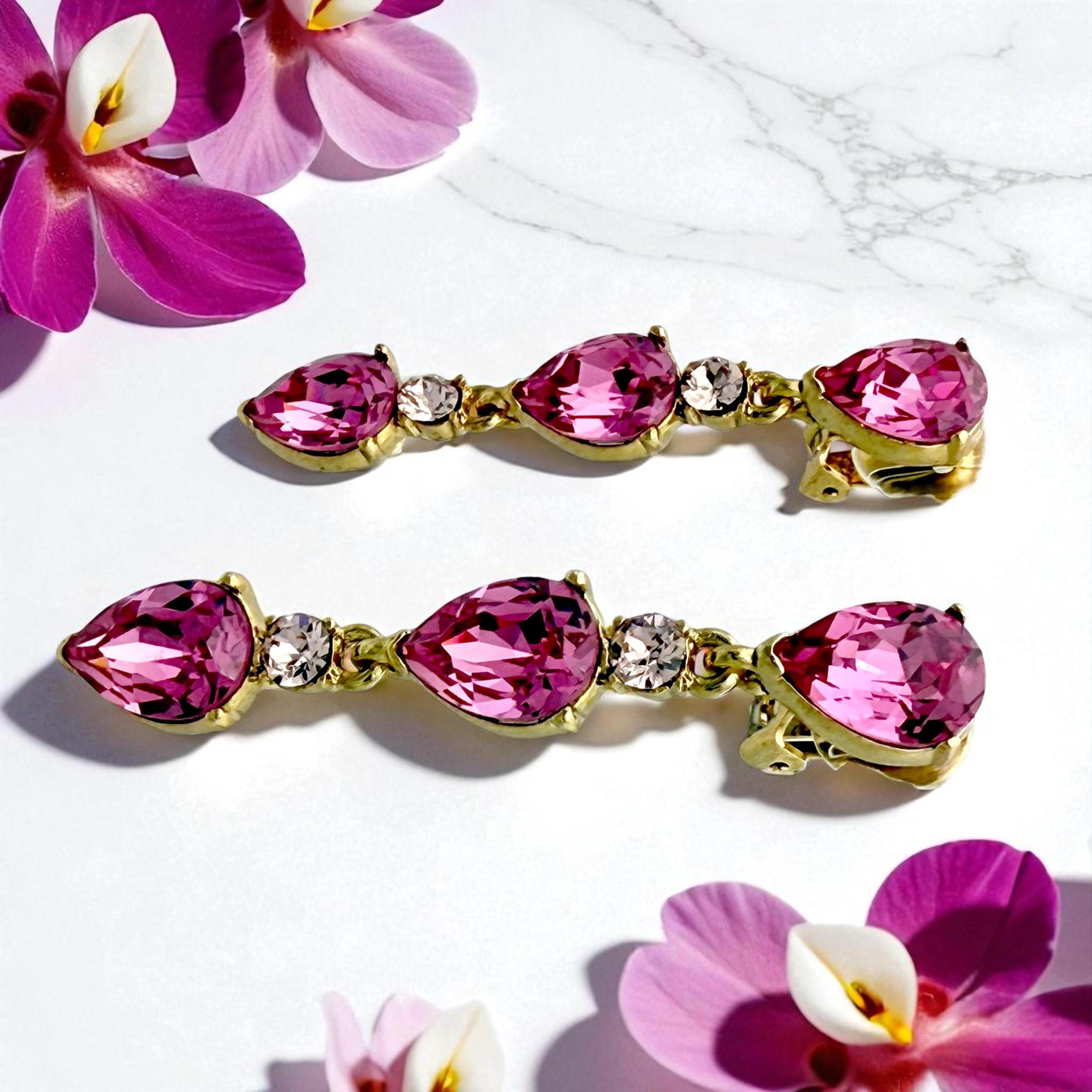 Oscar De La Renta Pendiente de clip con gota de cristal Swarovski rosa pera chapado en oro Corte brillante en venta