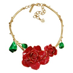 Oscar de la Renta Rose Red Thorned Branch Leaf and Rosette Pendant Necklace
