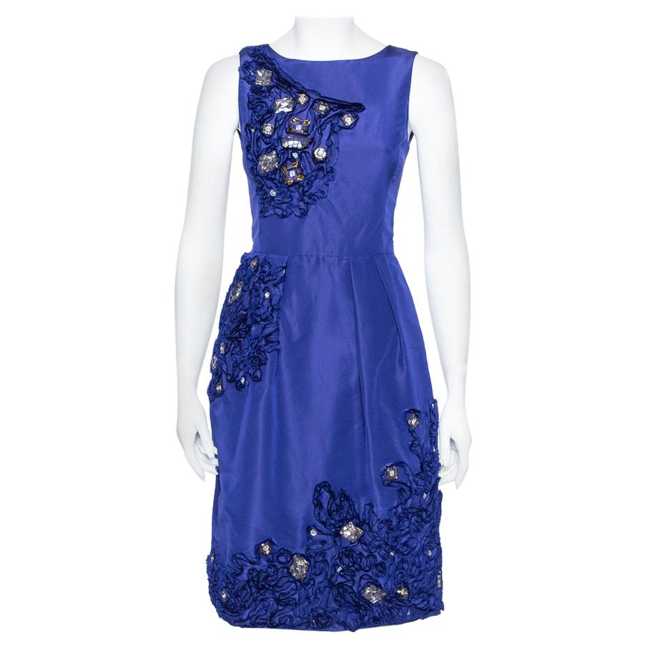 Oscar de la Renta Royal Blue Embellished Silk Sleeveless Sheath Dress XS