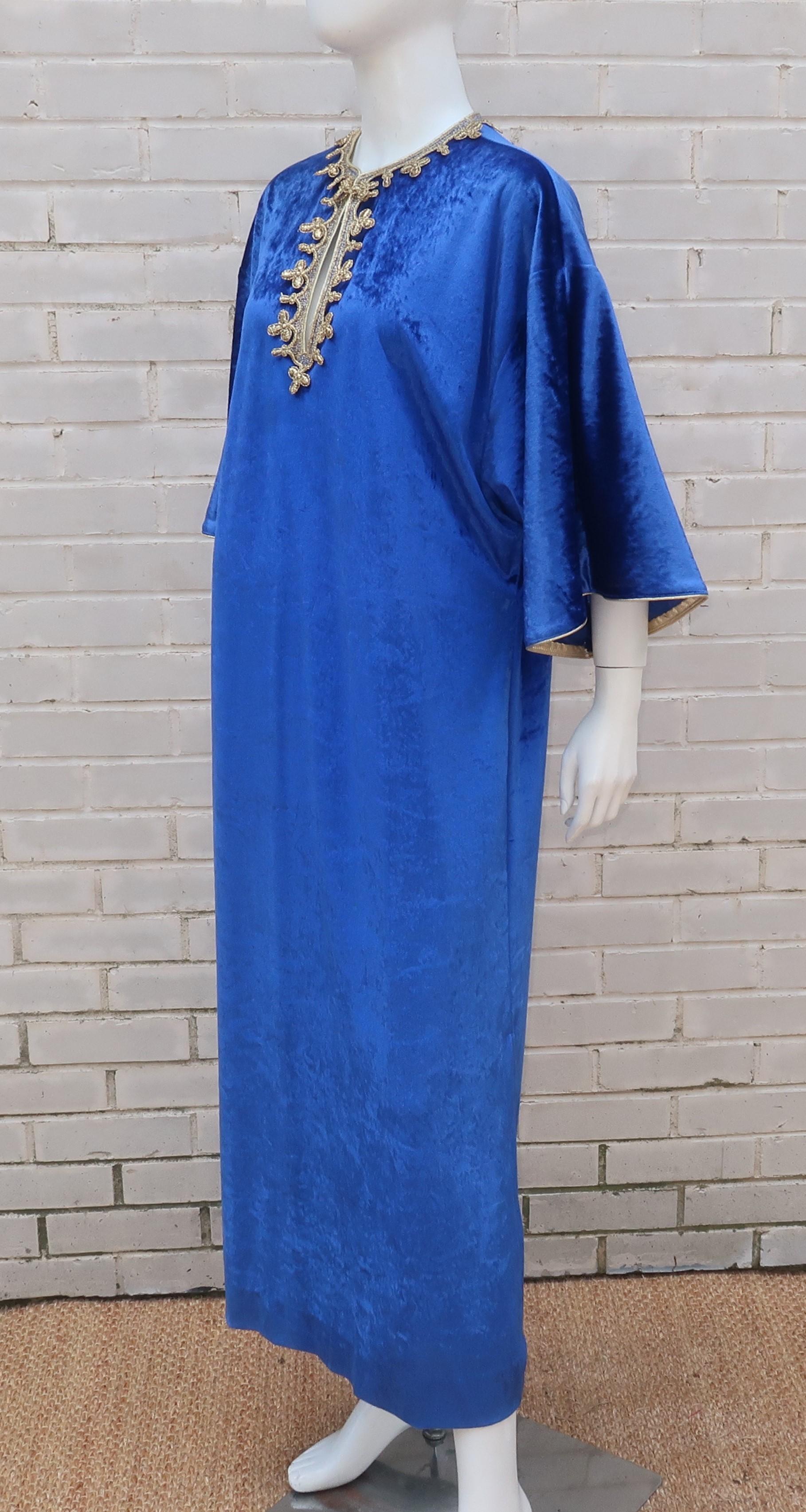 Oscar de La Renta Royal Blue Velvet Caftan Dress With Gold Trim, 1980's 5