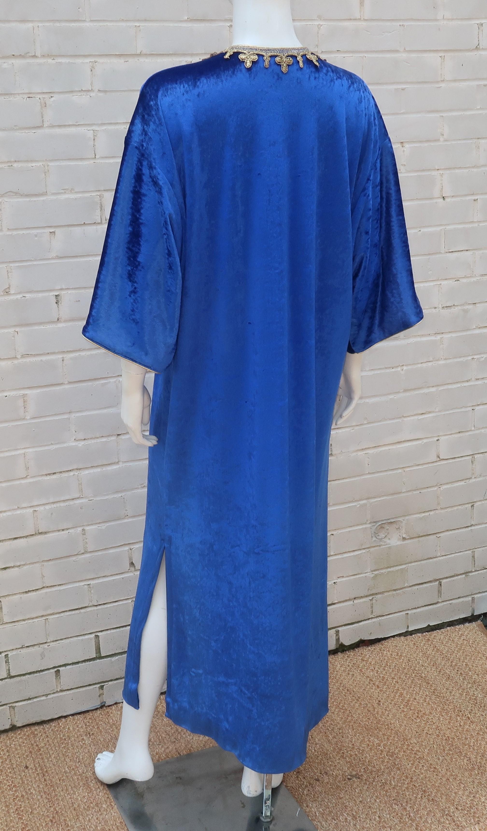 Oscar de La Renta Royal Blue Velvet Caftan Dress With Gold Trim, 1980's 6