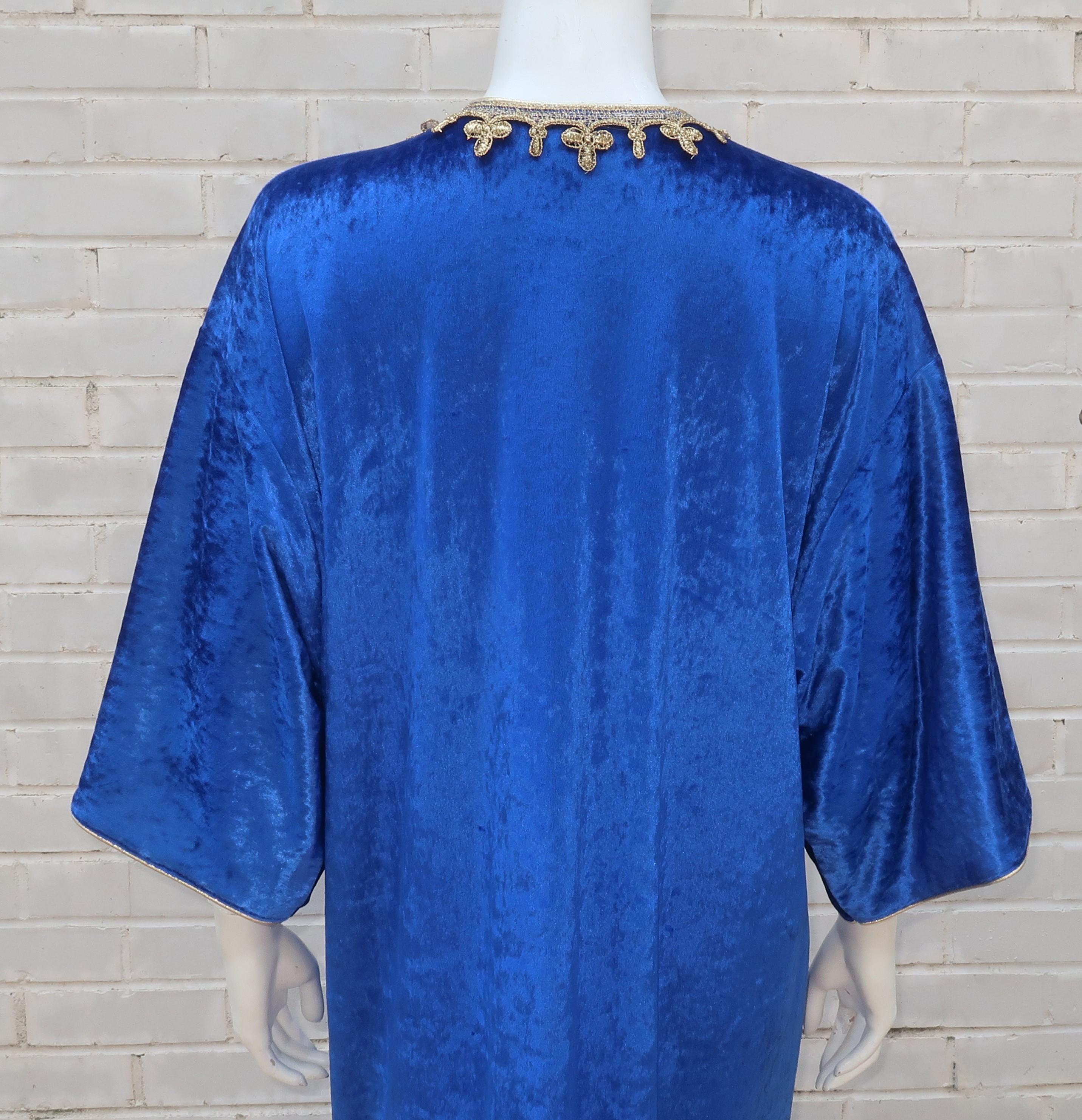 Oscar de La Renta Royal Blue Velvet Caftan Dress With Gold Trim, 1980's 7