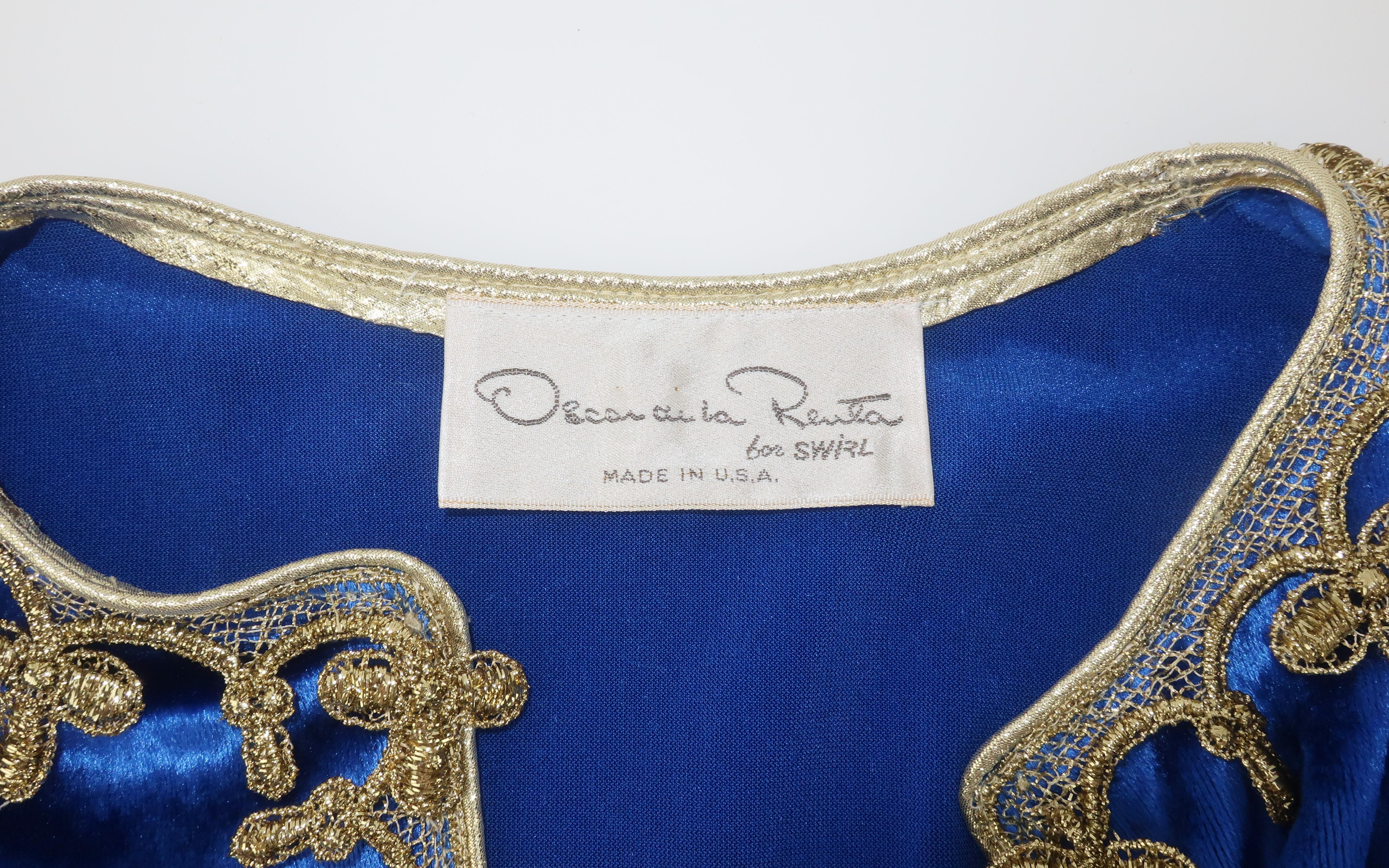 Oscar de La Renta Royal Blue Velvet Caftan Dress With Gold Trim, 1980's 8