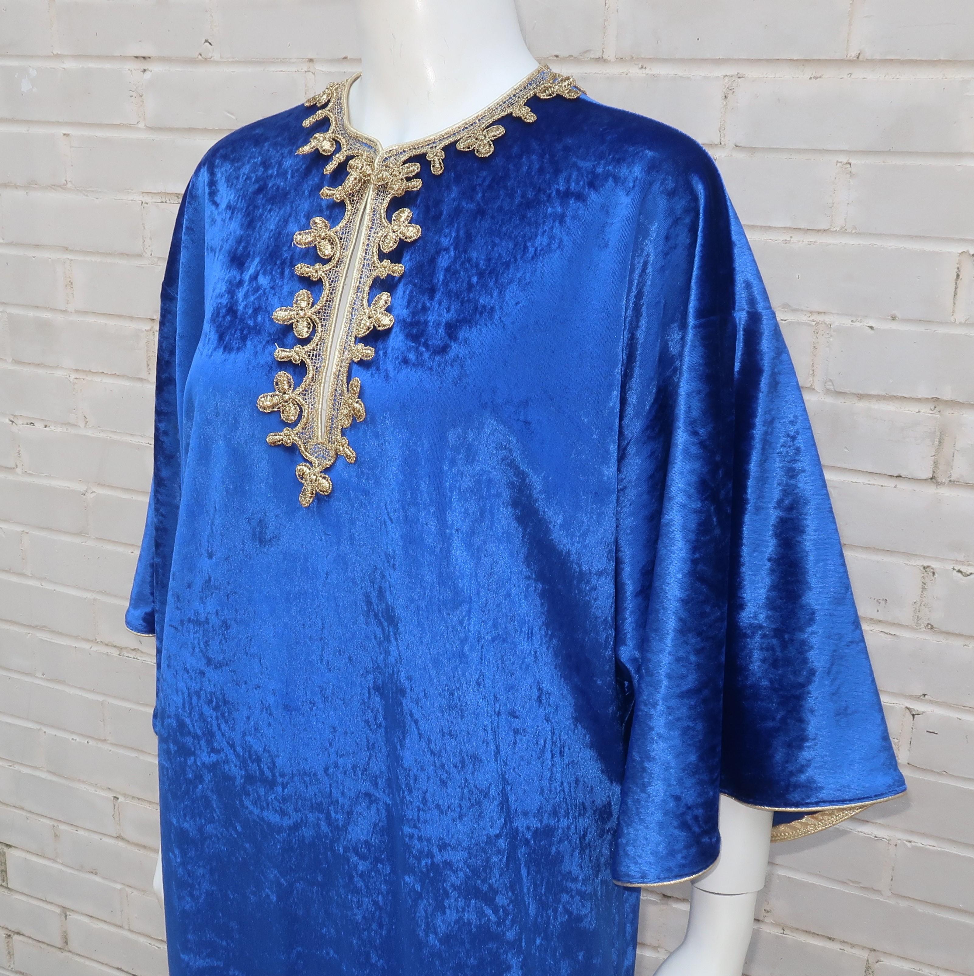 Oscar de La Renta Royal Blue Velvet Caftan Dress With Gold Trim, 1980's 2