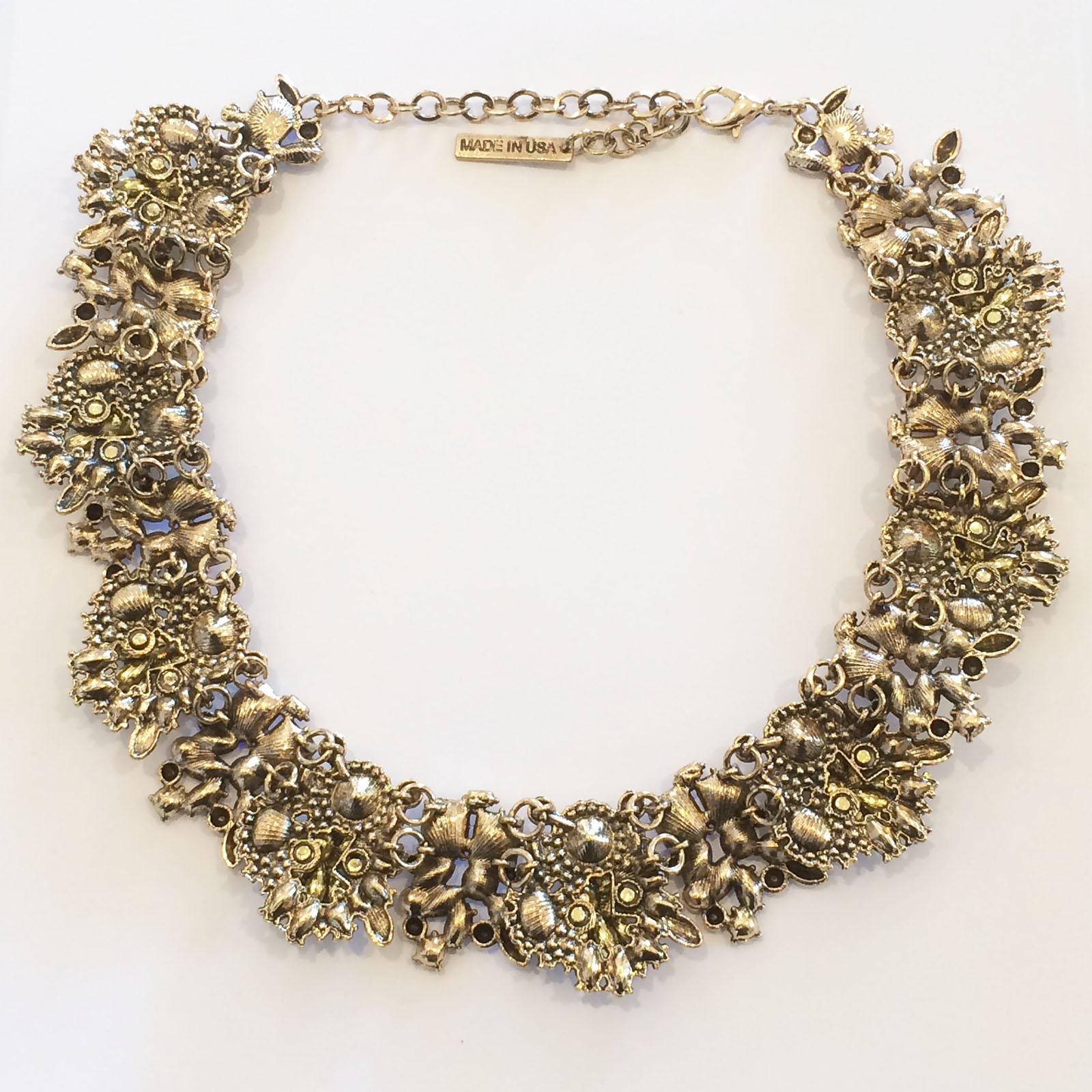 Genuine Oscar De La Renta Royal Party Necklace. A stunning array of amazing colours, shapes and phenomenal design application, set on a gilt background. Colours of Amethyst, Citrine, Blue Sapphire, Aquamarine, Moonstone, Peridot, Gilt objects,