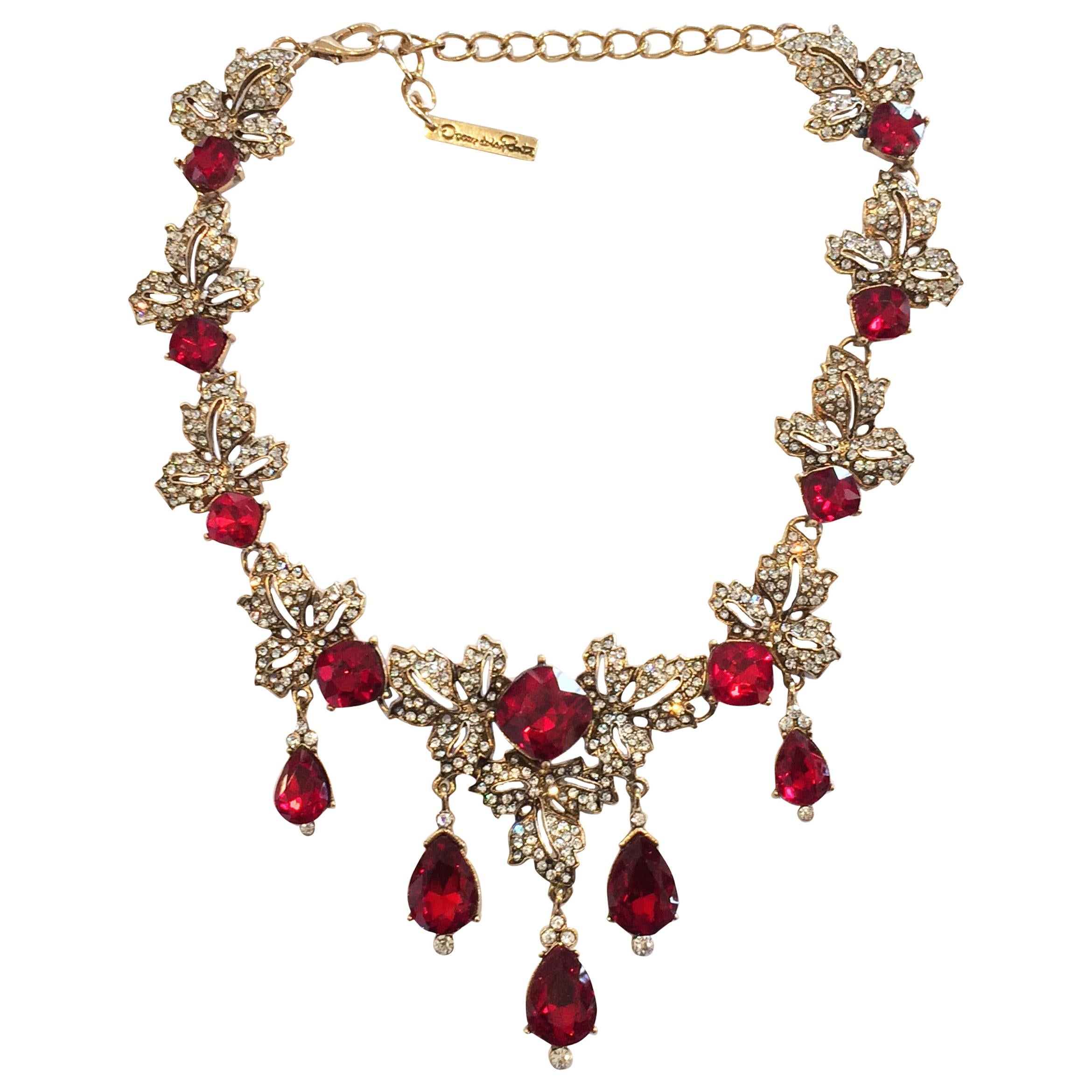 Oscar De La Renta Ruby red Diamante and white crystal necklace