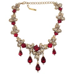 Oscar De La Renta Ruby red Diamante and white crystal necklace