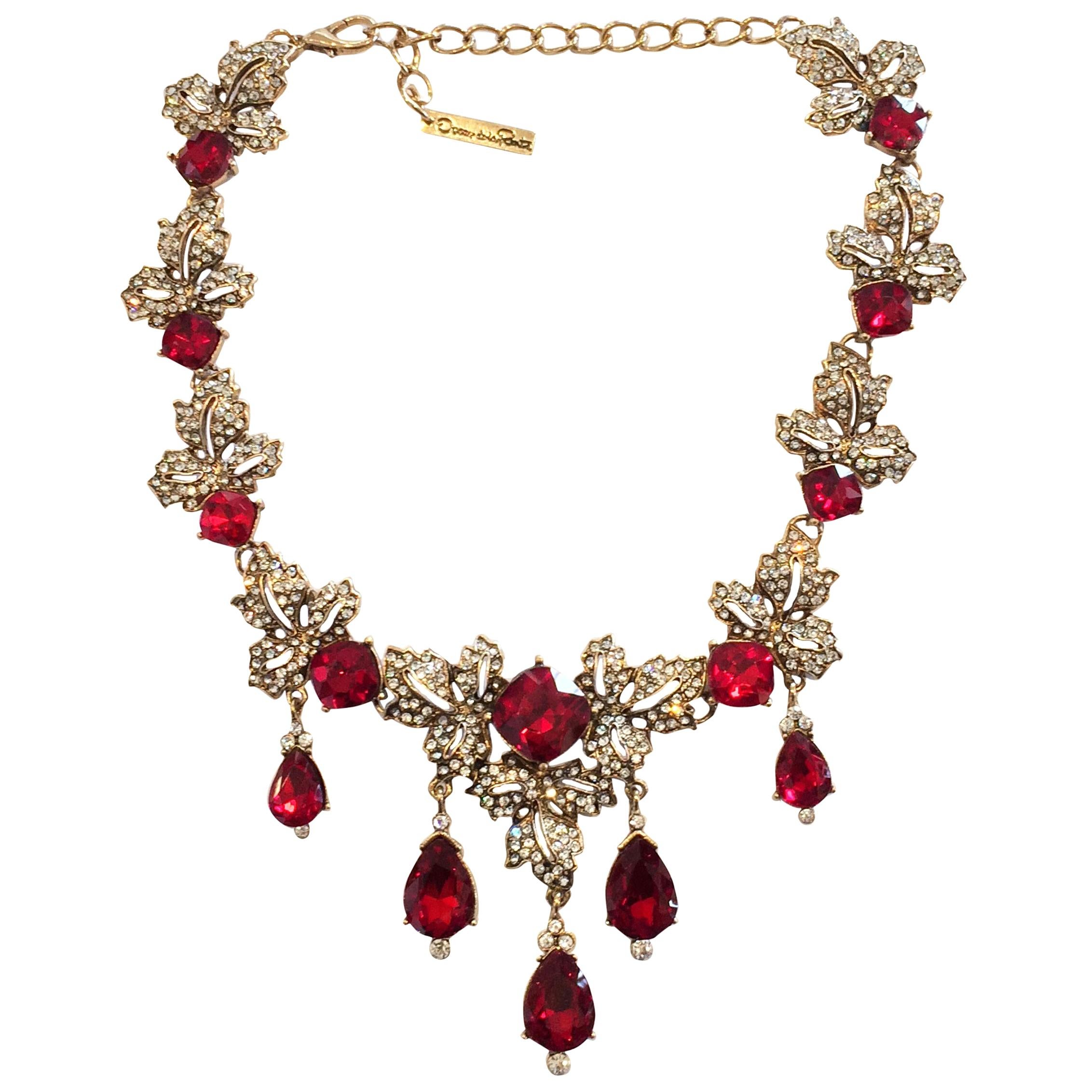 Oscar De La Renta Ruby red Diamante and white crystal necklace For Sale