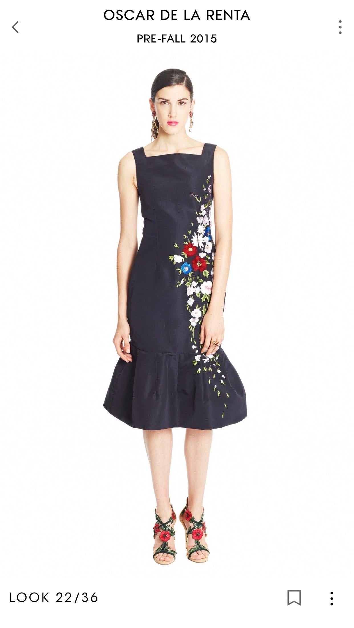 Oscar de la Renta Runway 2015 Spring Navy Silk Floral Applique Dress-Size 10 10