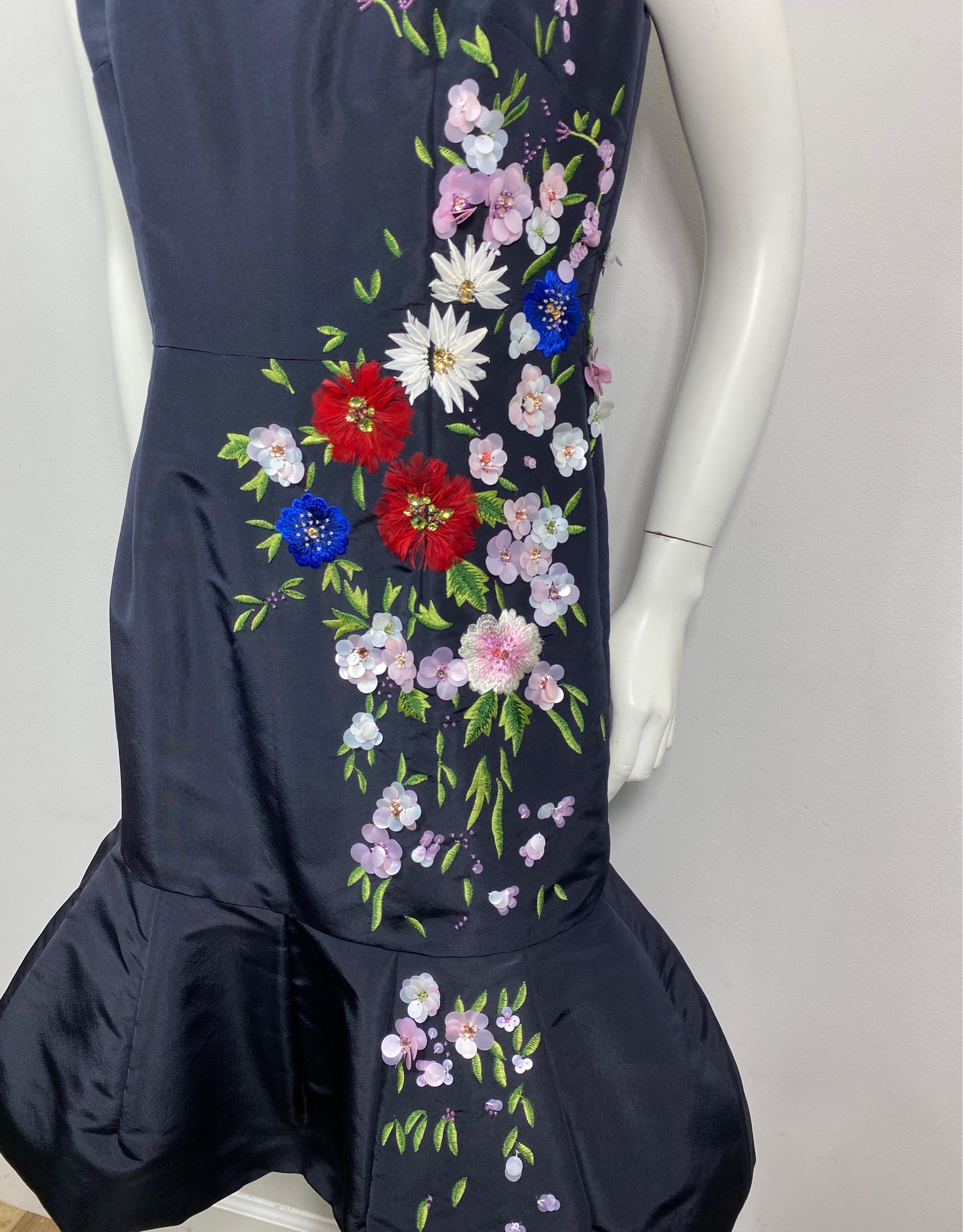 Black Oscar de la Renta Runway 2015 Spring Navy Silk Floral Applique Dress-Size 10