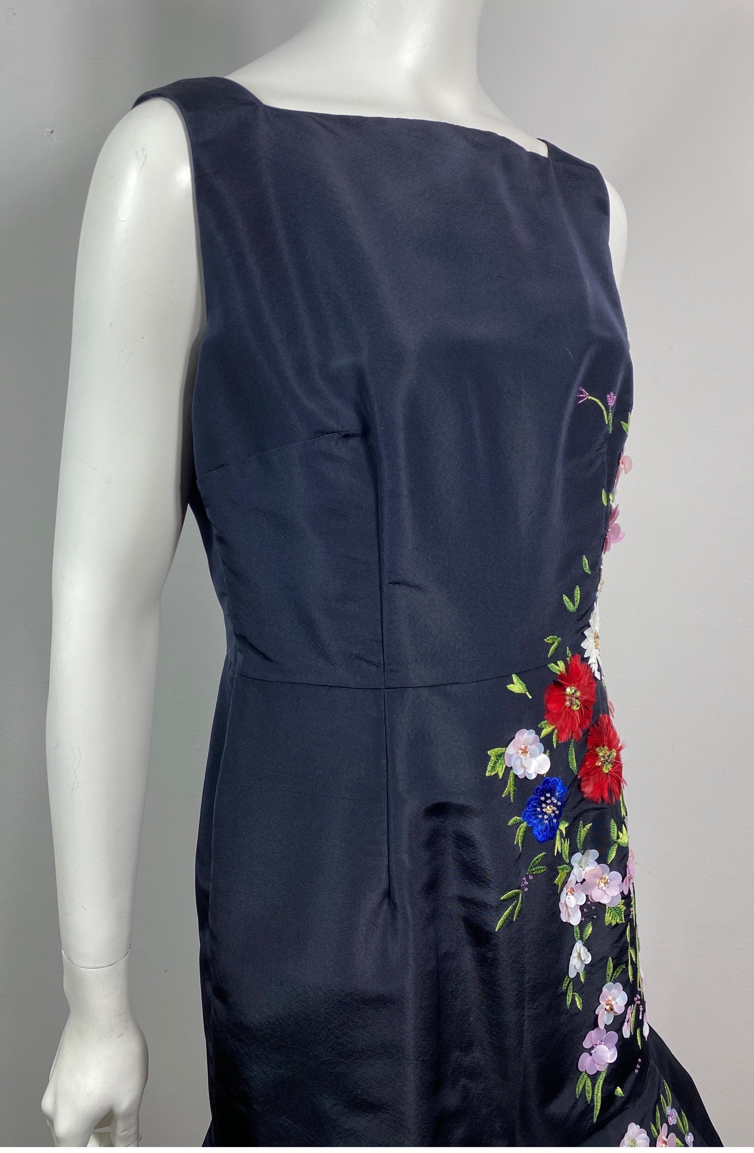 Oscar de la Renta Runway 2015 Spring Navy Silk Floral Applique Dress-Size 10 1
