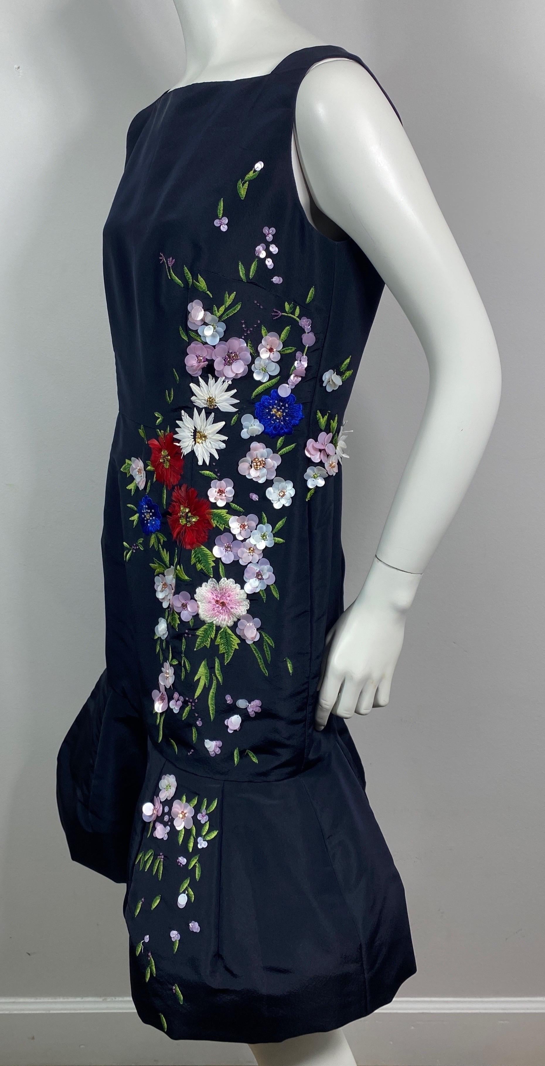 Oscar de la Renta Runway 2015 Spring Navy Silk Floral Applique Dress-Size 10 2