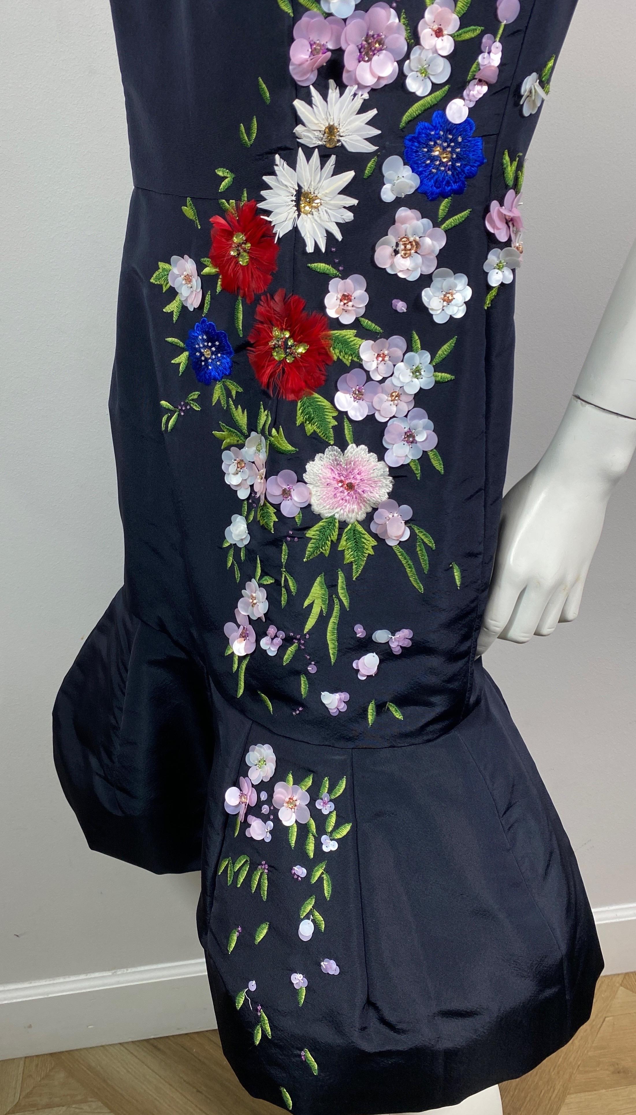 Oscar de la Renta Runway 2015 Spring Navy Silk Floral Applique Dress-Size 10 3