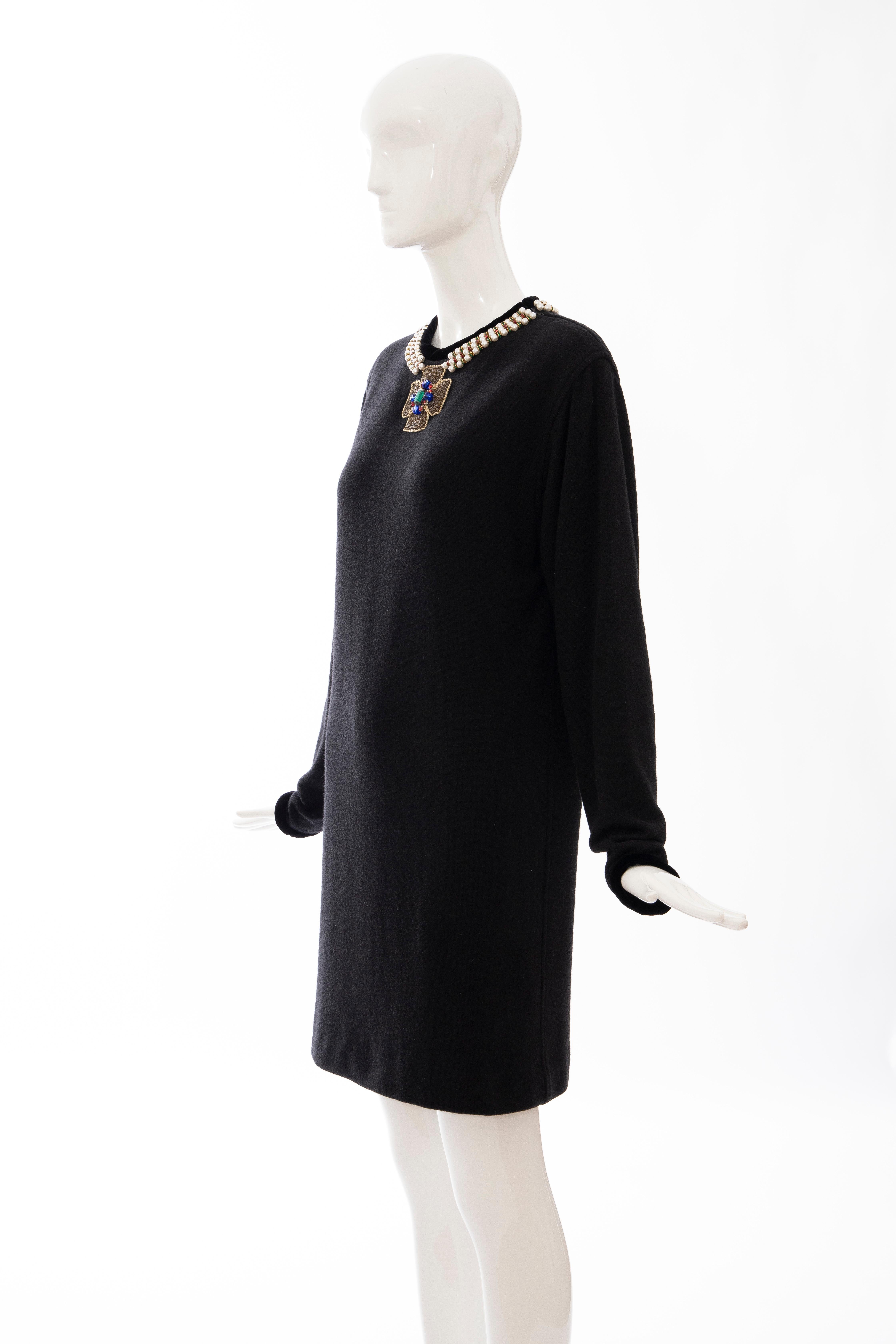 Oscar de la Renta Runway Black Embroidered Neckline Sweater Dress, Fall 1984 For Sale 6