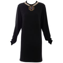 Vintage Oscar de la Renta Runway Black Embroidered Neckline Sweater Dress, Fall 1984