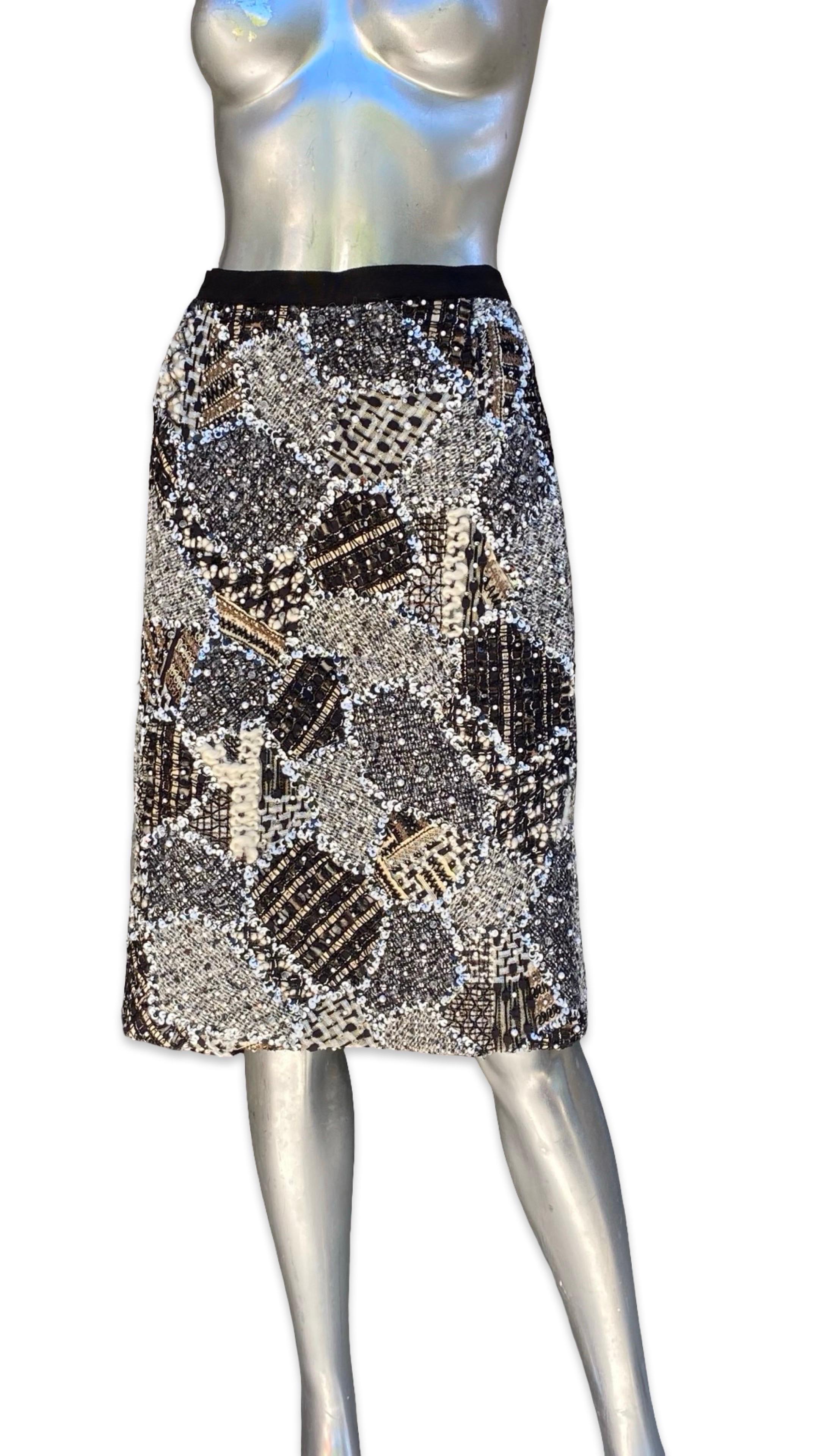 Oscar De La Renta Runway Collection for NM jupe en patchwork de perles Taille 10 en vente 1