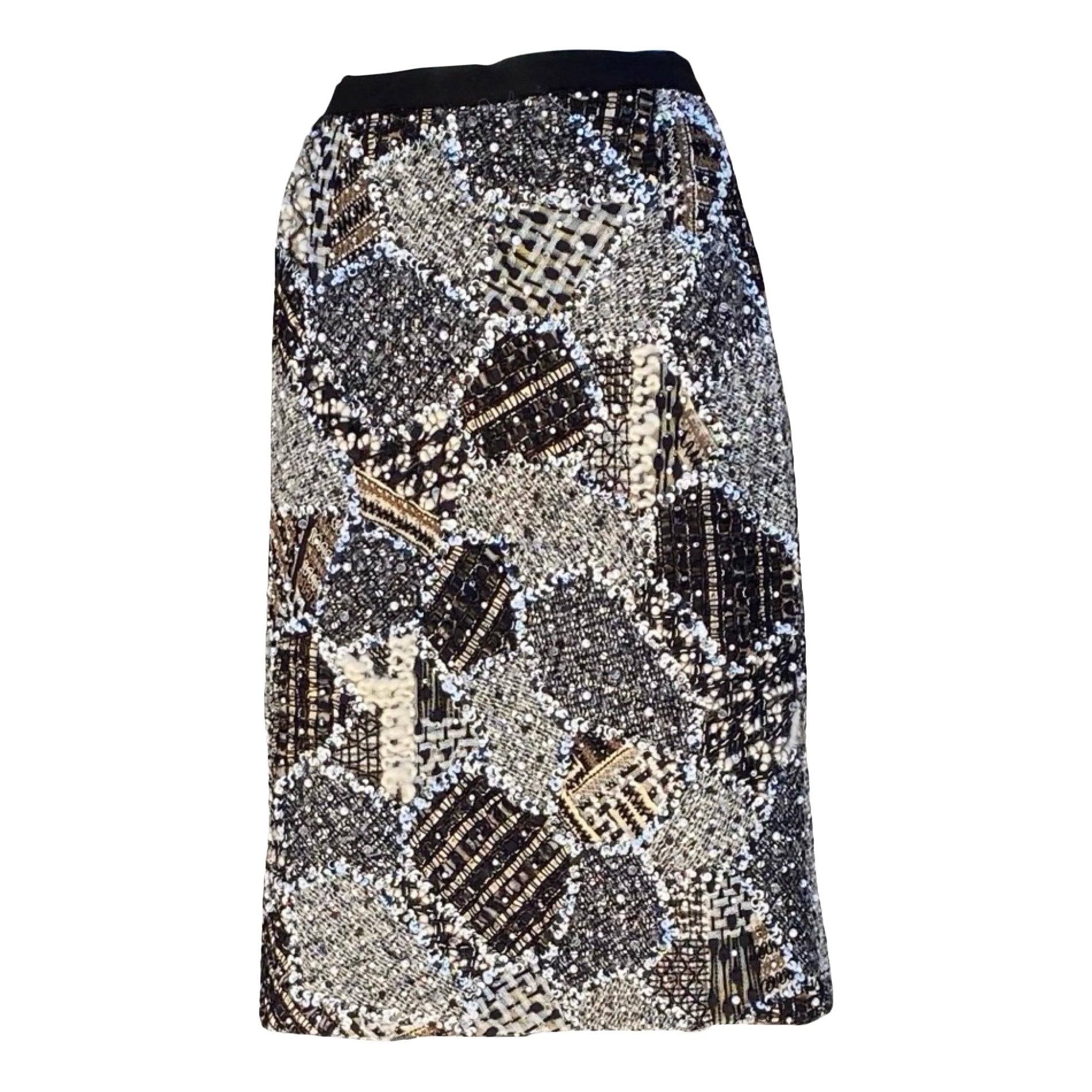 Noir Oscar De La Renta Runway Collection for NM jupe en patchwork de perles Taille 10 en vente