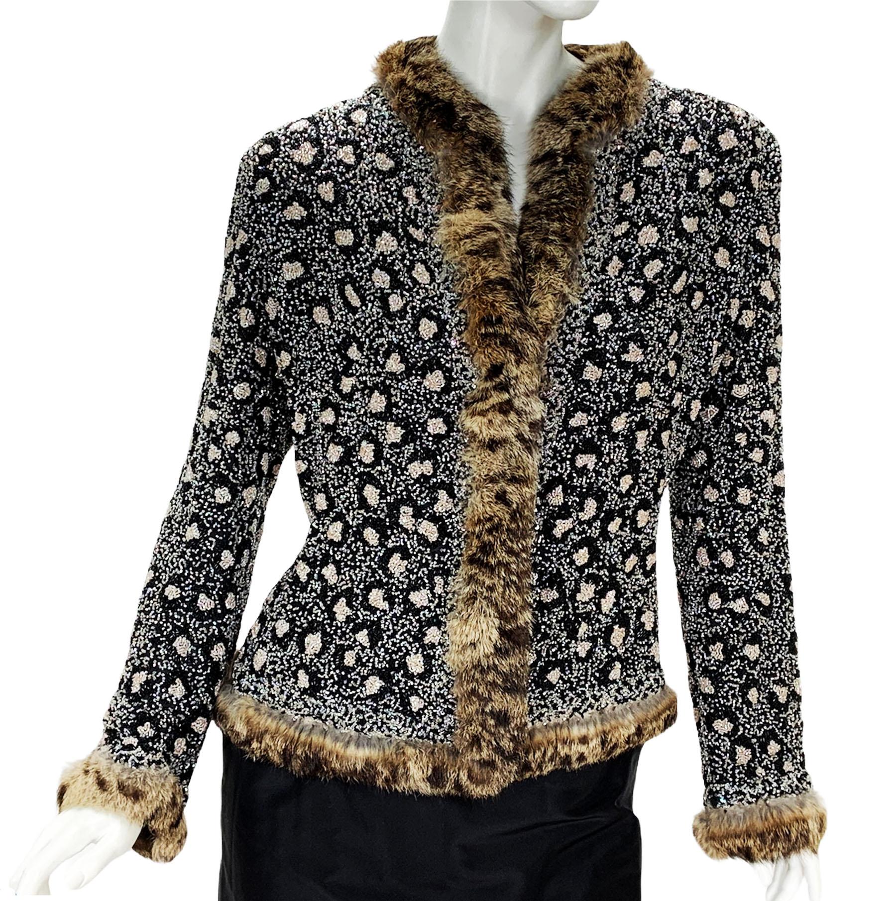 Women's Oscar De La Renta Runway F/W 2001 Fully Beaded Fur Leopard Pattern Skirt Suit 10 For Sale