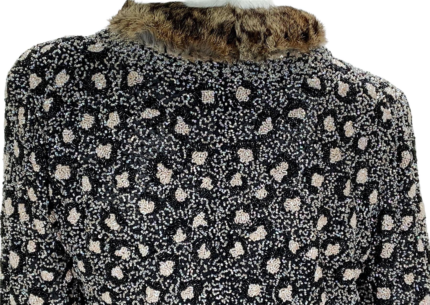 Oscar De La Renta Runway F/W 2001 Fully Beaded Fur Leopard Pattern Skirt Suit 10 For Sale 4
