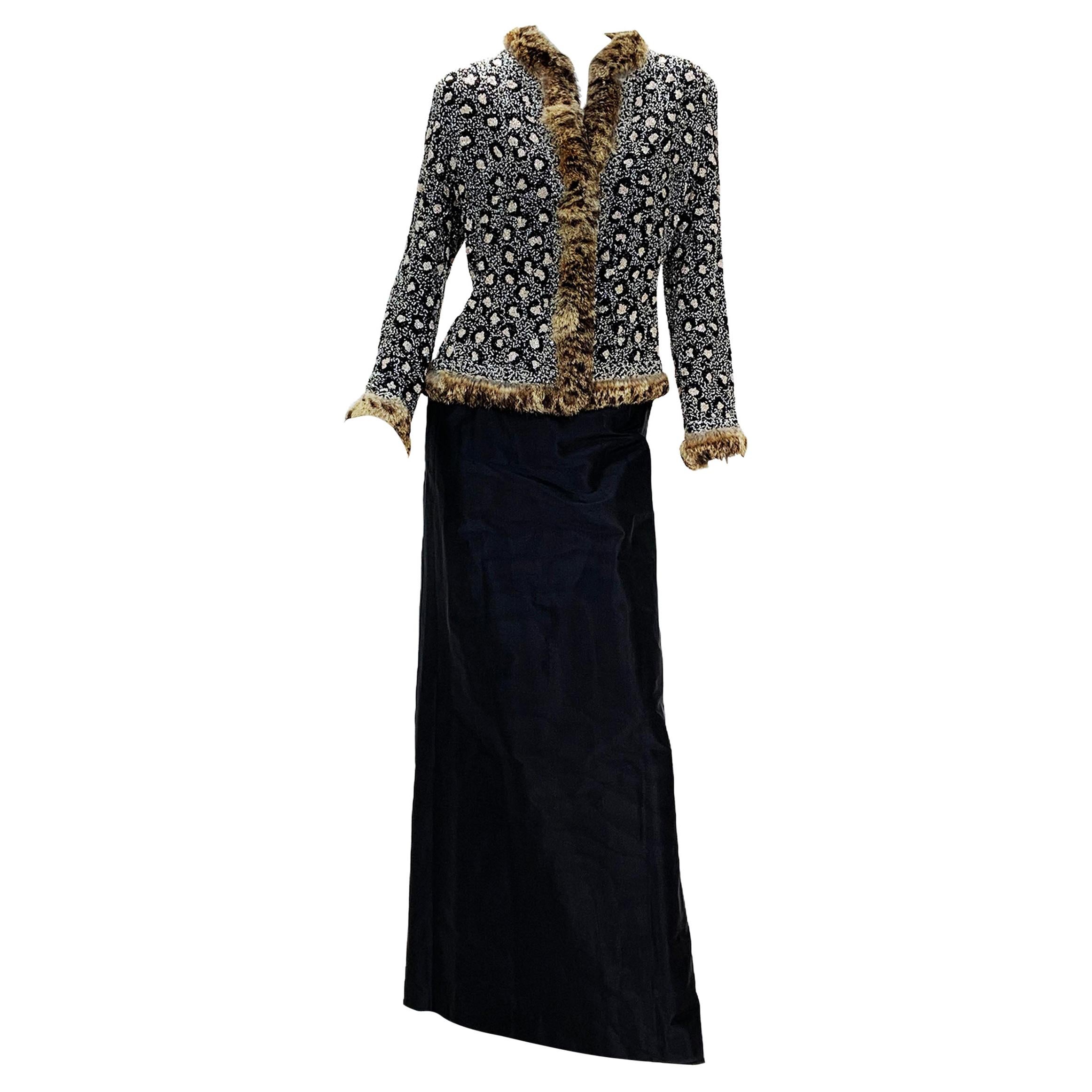 Oscar De La Renta Runway F/W 2001 Fully Beaded Fur Leopard Pattern Skirt Suit 10 For Sale