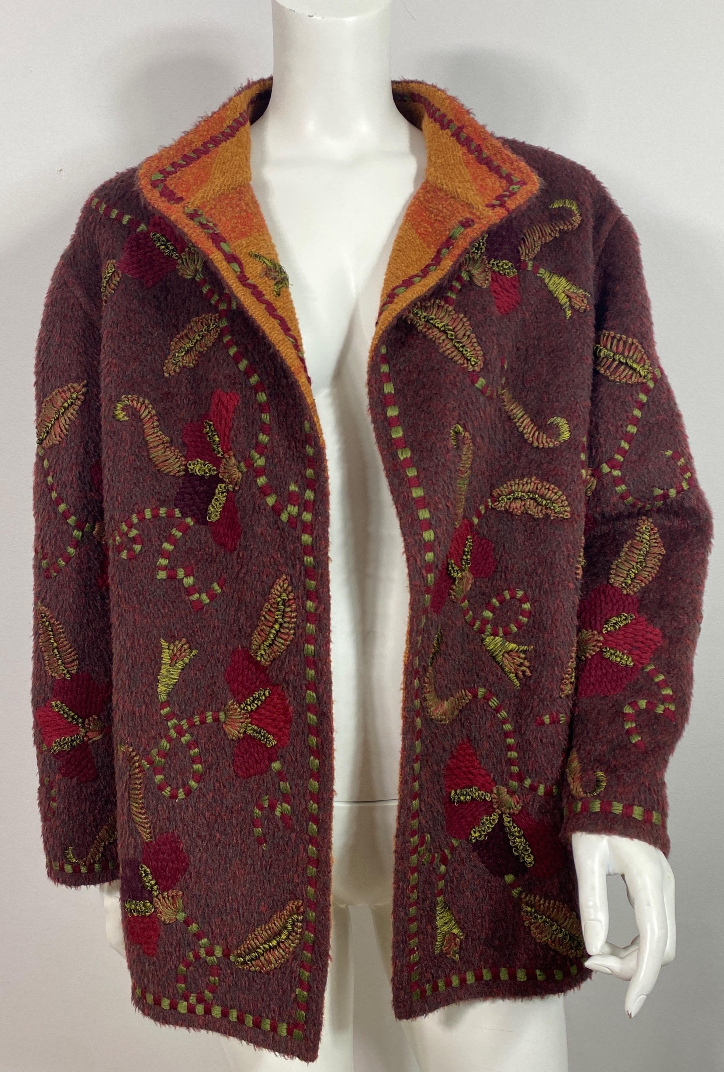 Oscar de La Renta Runway Fall 2000 Jewel tone Wool Embroidered Jacket-Size 6  Look 11 on the Runway of the Fall 2000 Fashion show. This spectacular Wool Blend (mohair and alpaca also) is a burgundy color with multi reds and olive green embroidery