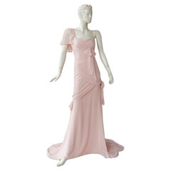 Vintage Oscar de la Renta Runway Petal Pink Silk One Shoulder Grecian Dress Gown 