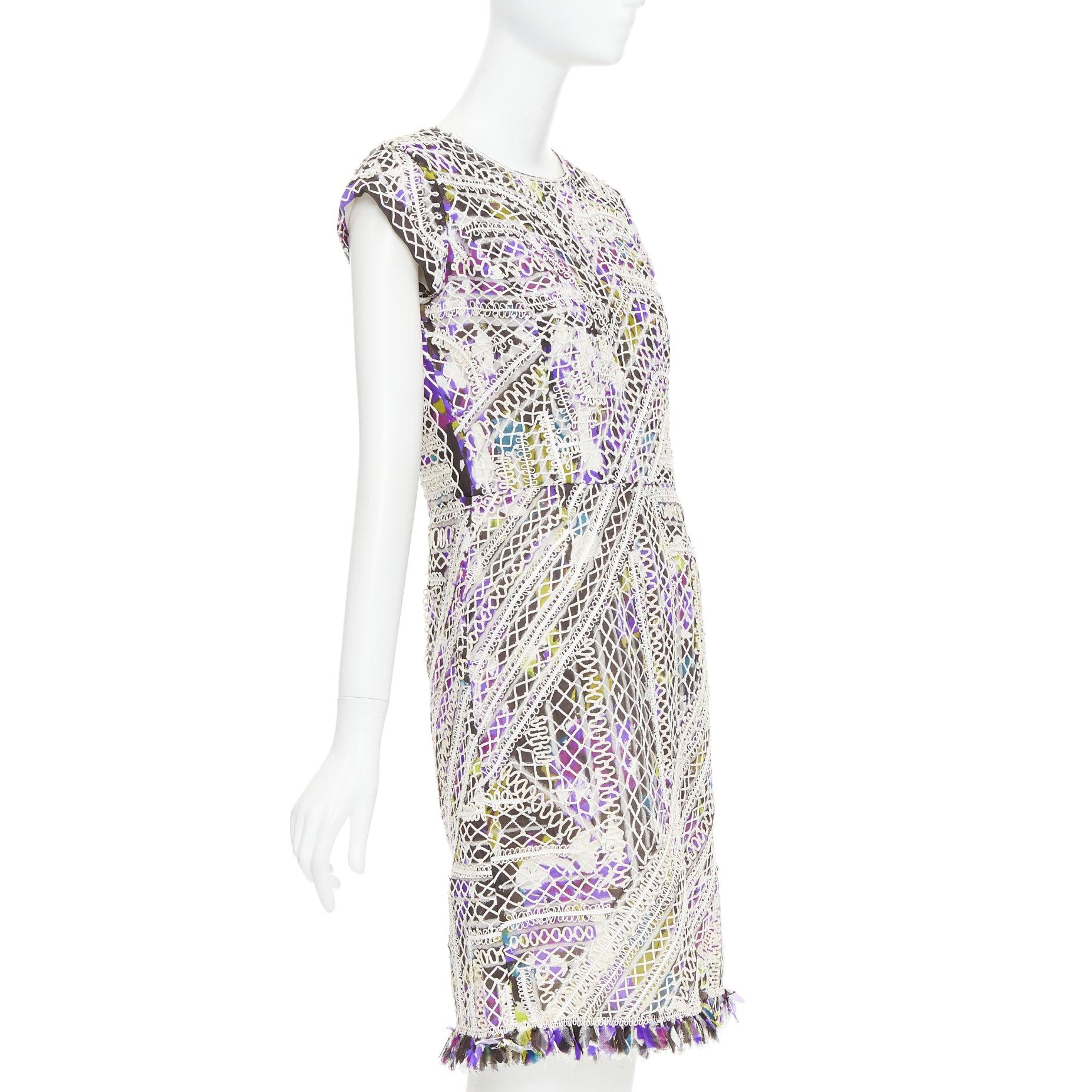 Gray OSCAR DE LA RENTA Runway purple silk embroidery anglais fringe hem dress US6 M For Sale