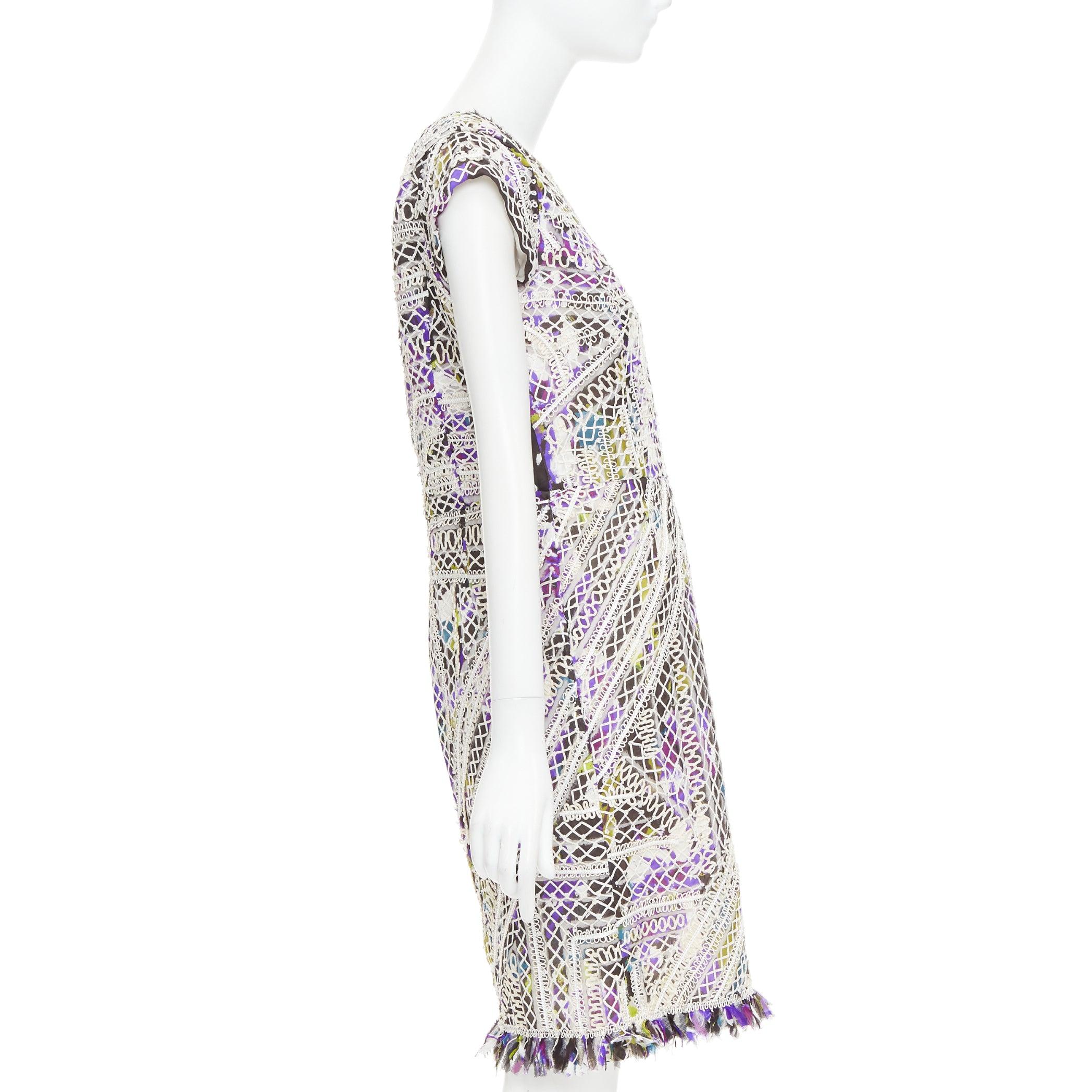 Women's OSCAR DE LA RENTA Runway purple silk embroidery anglais fringe hem dress US6 M For Sale