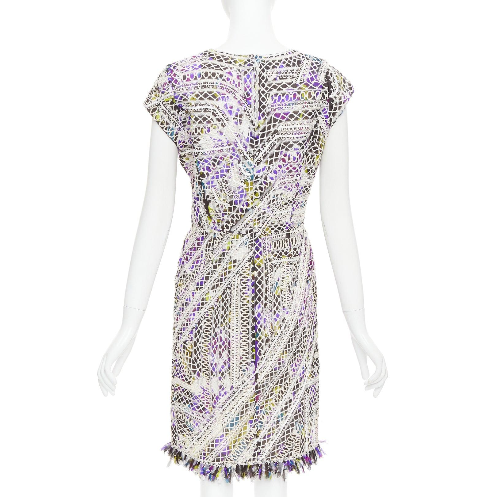 OSCAR DE LA RENTA Runway purple silk embroidery anglais fringe hem dress US6 M For Sale 1