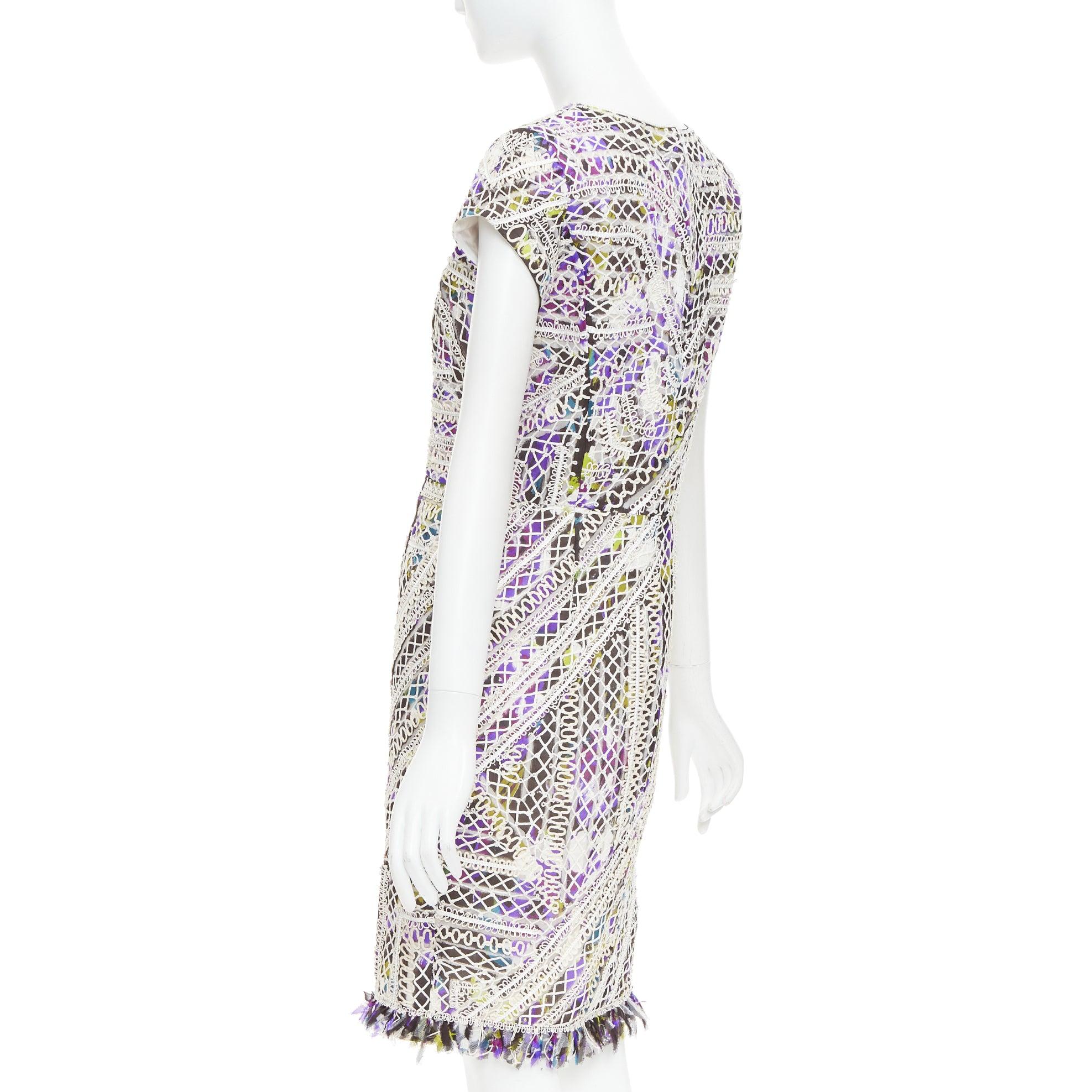 OSCAR DE LA RENTA Runway purple silk embroidery anglais fringe hem dress US6 M For Sale 2