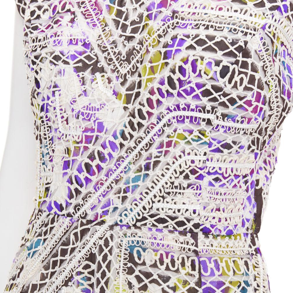 OSCAR DE LA RENTA Runway purple silk embroidery anglais fringe hem dress US6 M For Sale 3