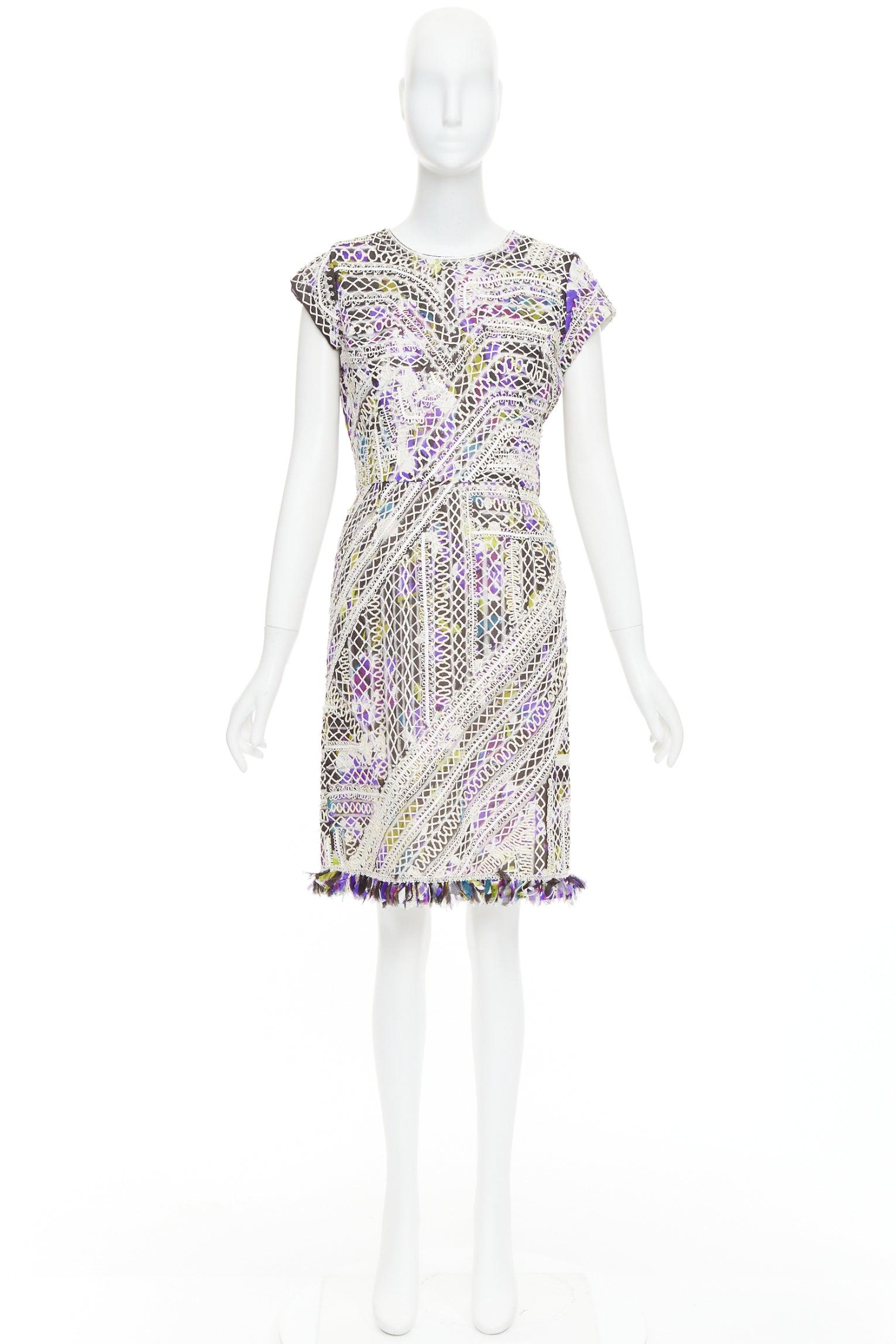 OSCAR DE LA RENTA Runway purple silk embroidery anglais fringe hem dress US6 M For Sale 5