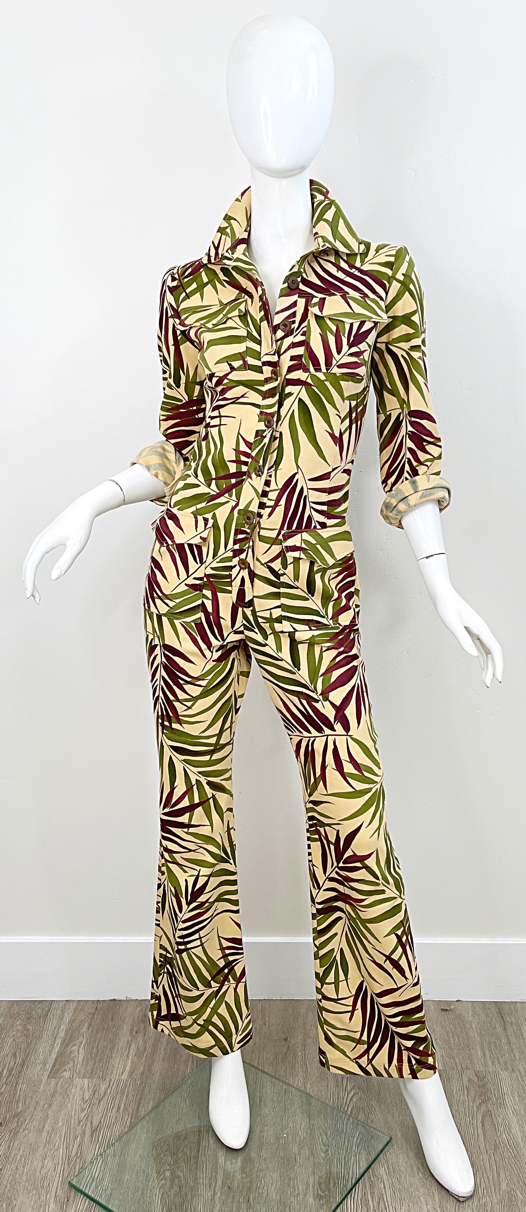 Women's Oscar de la Renta Runway S/S 2002 Size 4 Palm Tropical Safari Print Jumpsuit  For Sale