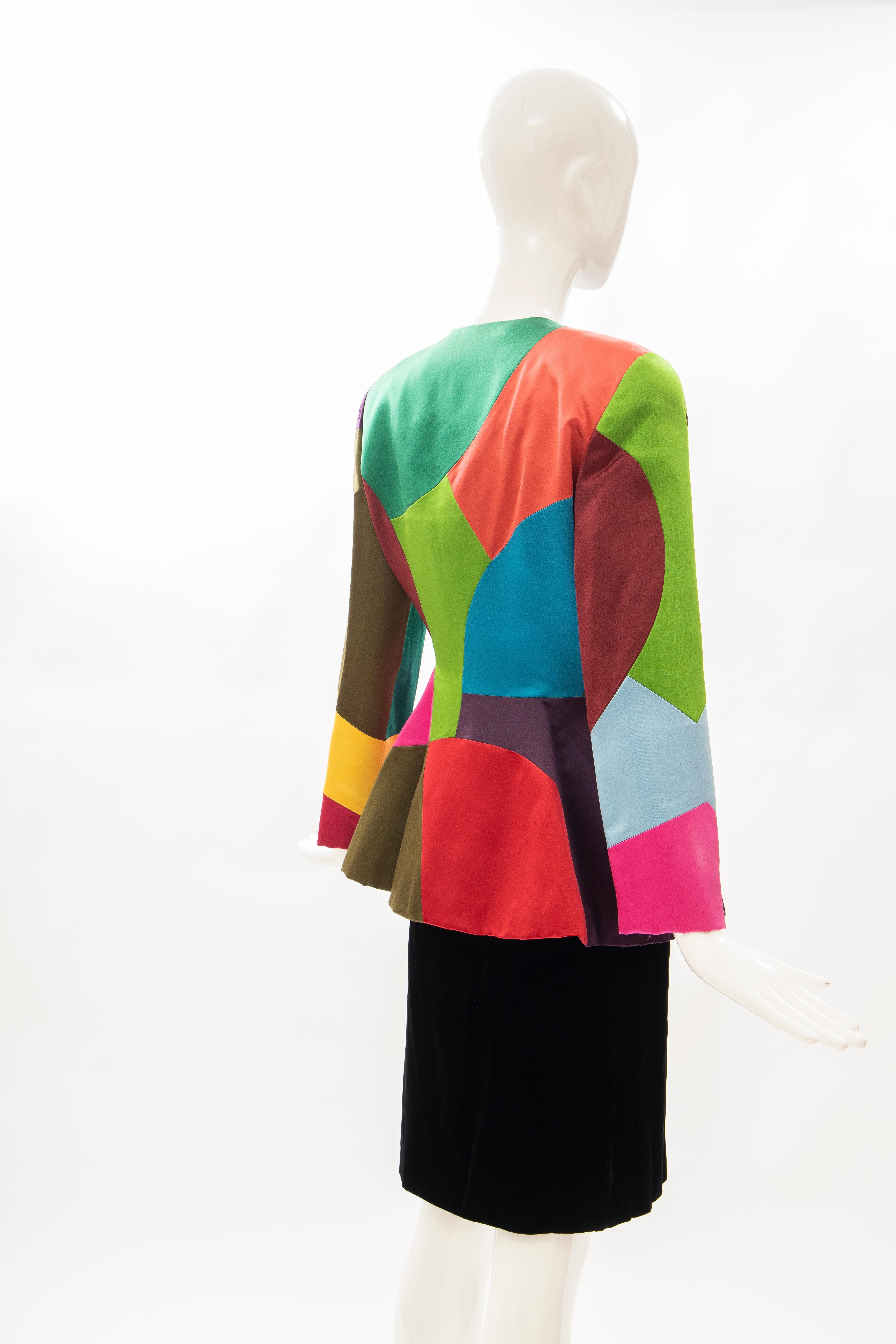 Black Oscar de la Renta Runway Silk Color-Block Skirt Suit, Fall 1991 For Sale
