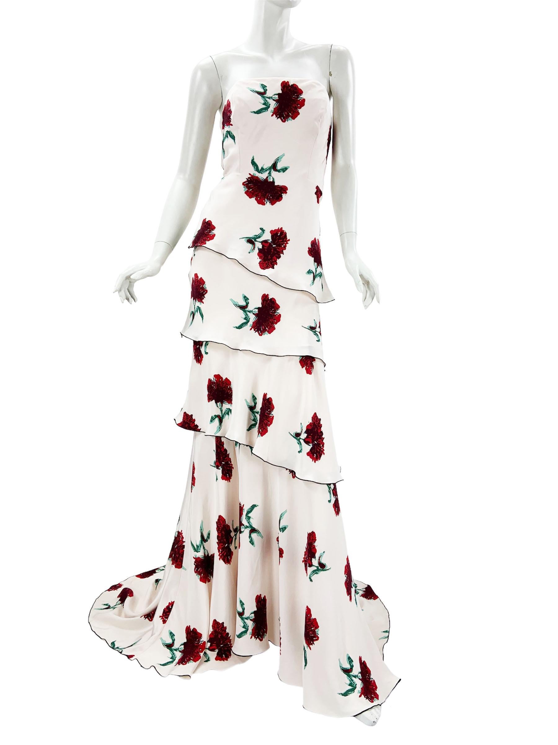 Oscar de la Renta Runway Silk White Floral Print Layered Corset Dress Gown US 6 In Good Condition For Sale In Montgomery, TX