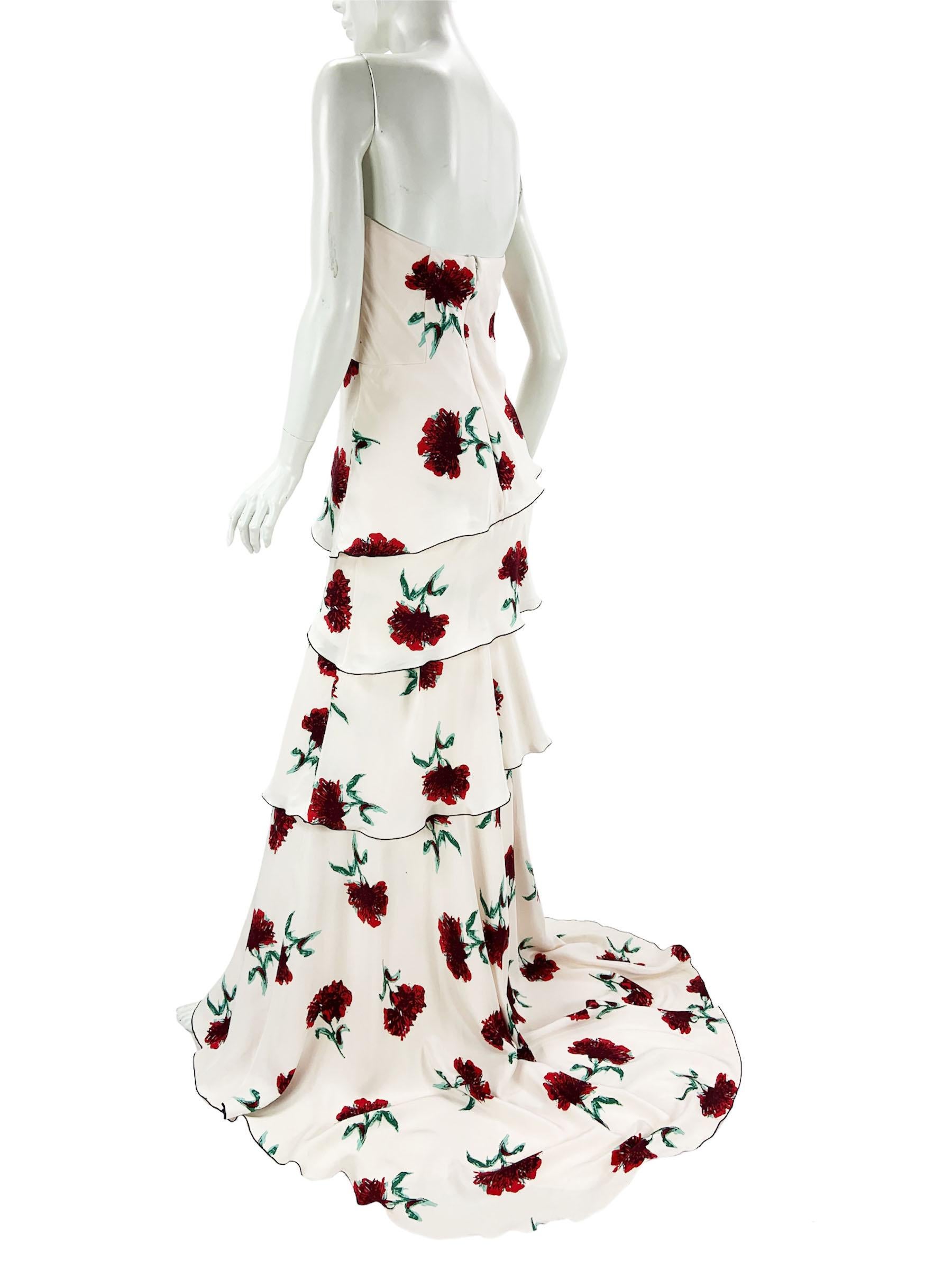 Oscar de la Renta Runway Silk White Floral Print Layered Corset Dress Gown US 6 For Sale 1