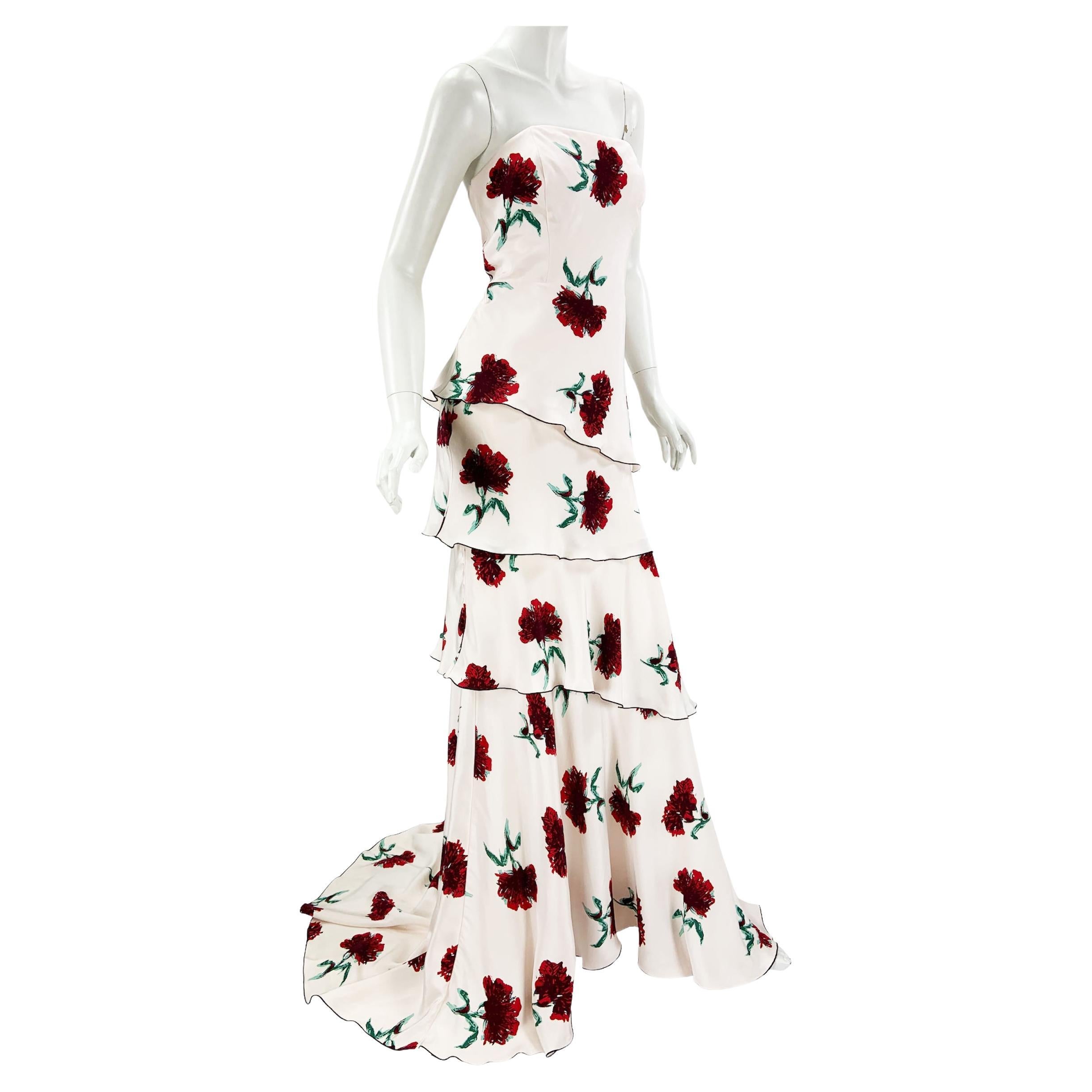 Oscar de la Renta Runway Silk White Floral Print Layered Corset Dress Gown US 6 For Sale